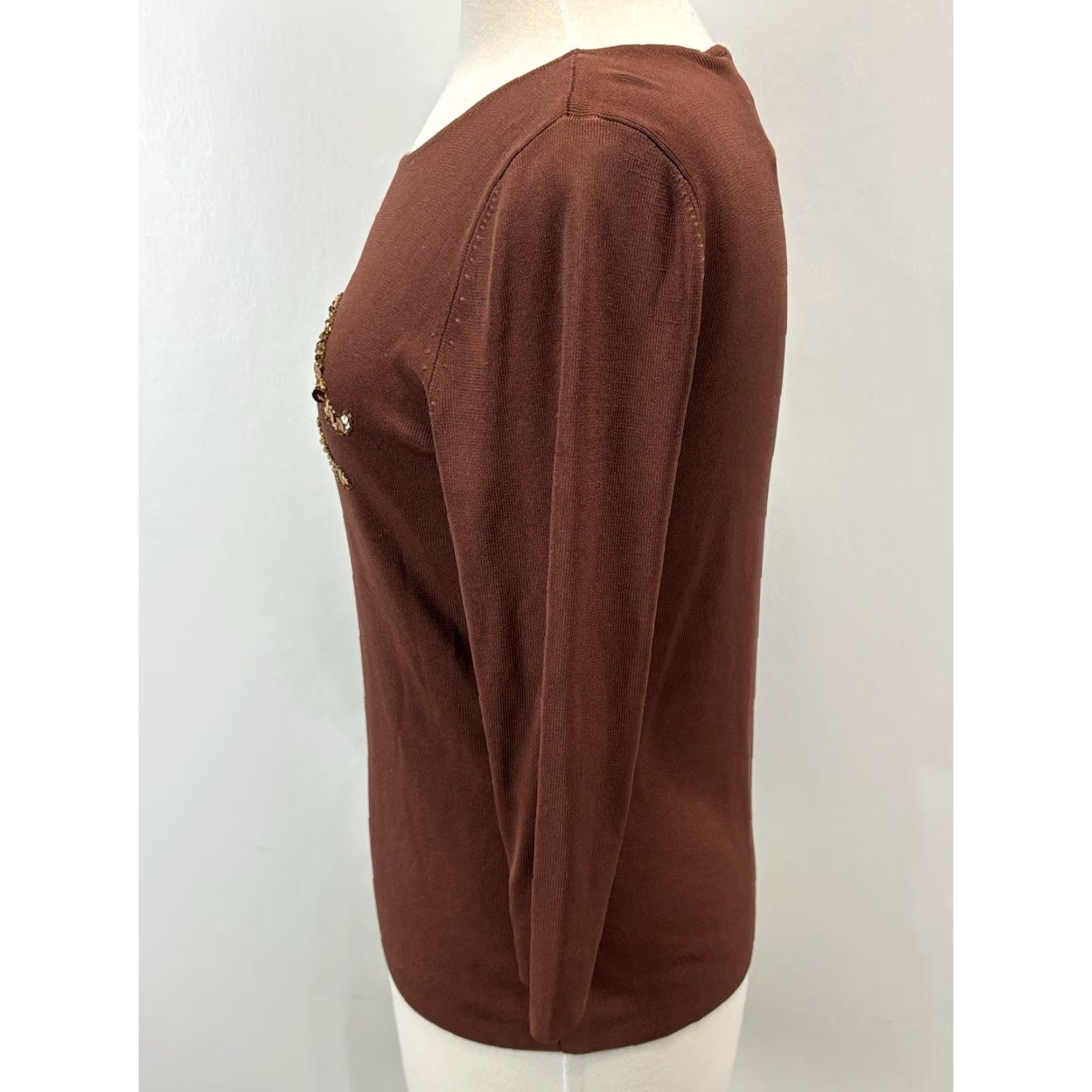 Lee VINTAGE Robbie Lee Knitworks Beaded Sweater Cheetah Beaded Sequin Stretch 90s Women Medium Rust Size M / US 6-8 / IT 42-44 - 2 Thumbnail