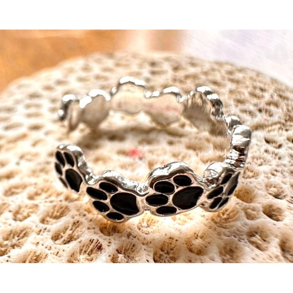 Handmade Paw Print Ring New Silver Black Dogs Cats Animal Rescue Pet Size ONE SIZE - 5 Thumbnail