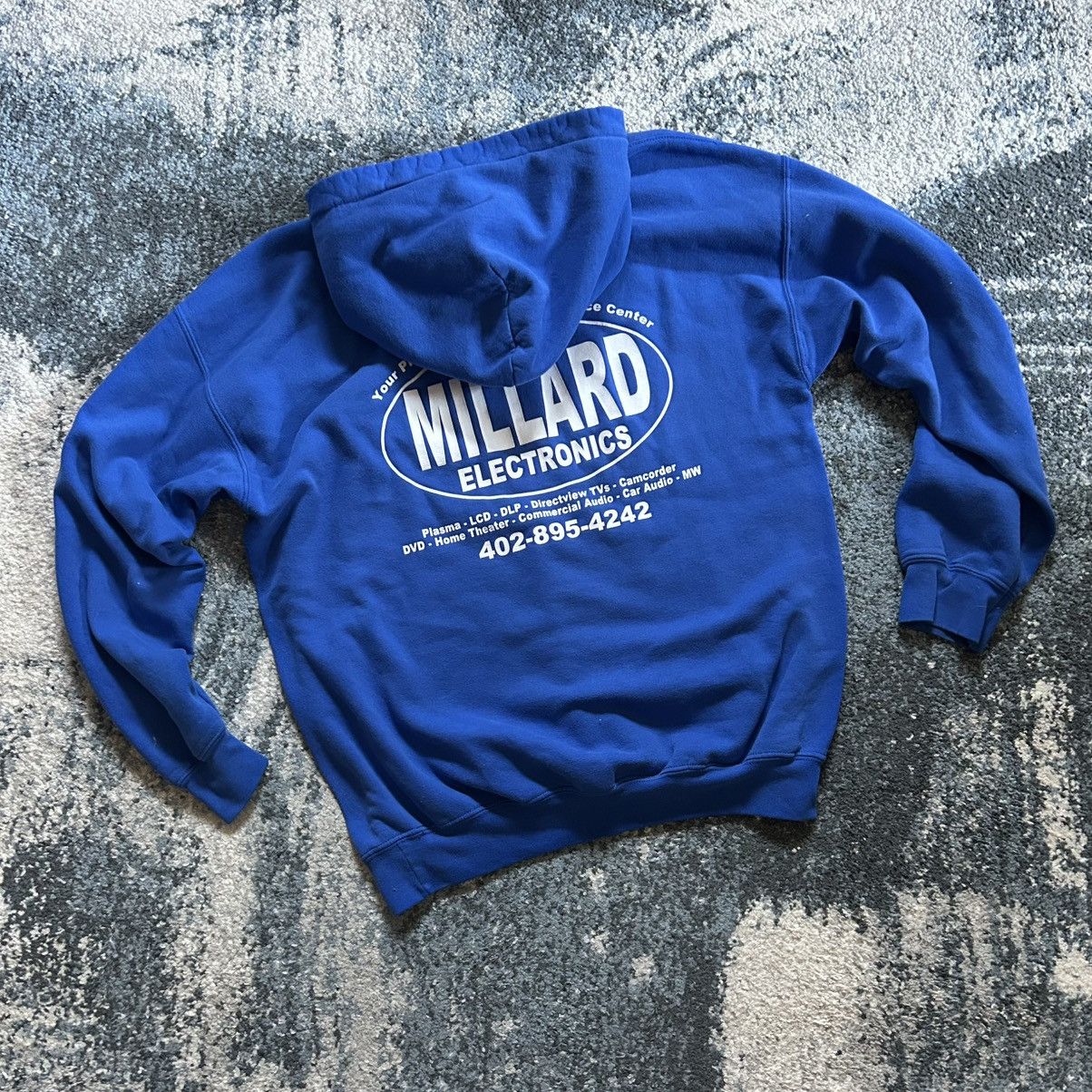 Gildan 90s Y2K ROYAL BLUE MiLLARD ELECTRONiCS REPAiR HOOD NEBRASKA Size US L / EU 52-54 / 3 - 9 Thumbnail
