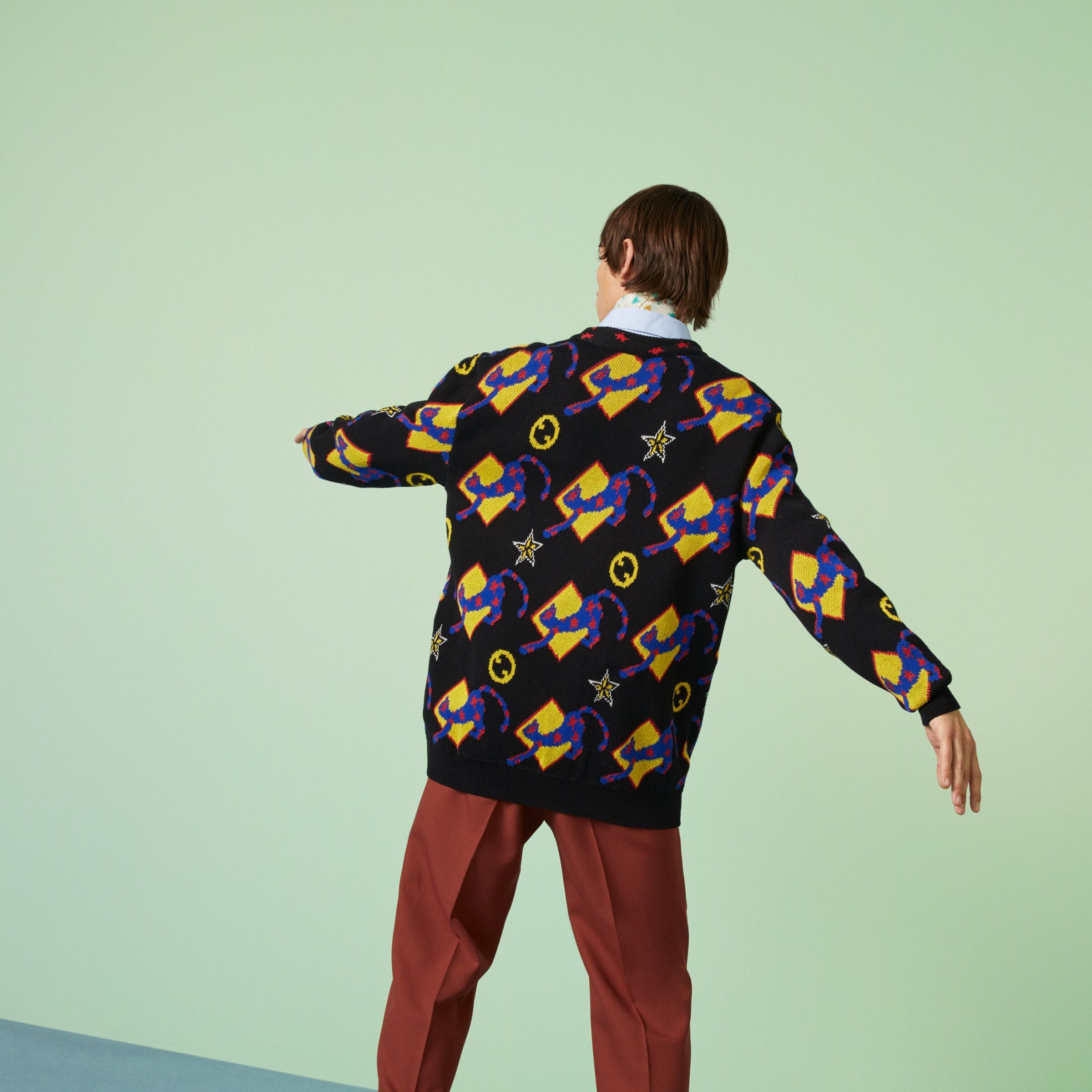 Gucci M Gucci GG Cat Graphic Logo Intarsia Cardigan Black Yellow Size US M / EU 48-50 / 2 - 4 Thumbnail