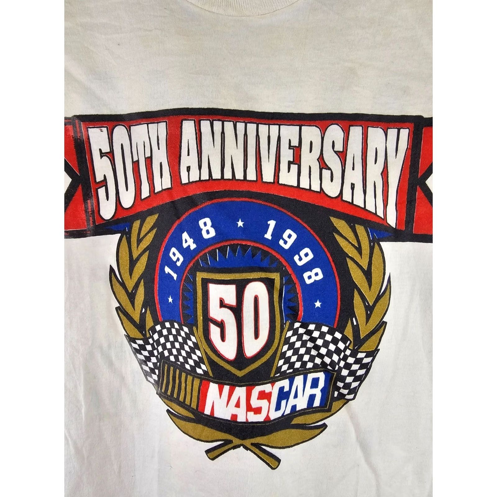 Fruit Of The Loom VINTAGE 98' 50TH ANNIVERSARY MBNA 500 NASCAR SINGLE STITCH WHITE T-SHIRT SZ XL Mens Shirt XL White 90s NASCAR Merch Size US XL / EU 56 / 4 - 2 Thumbnail