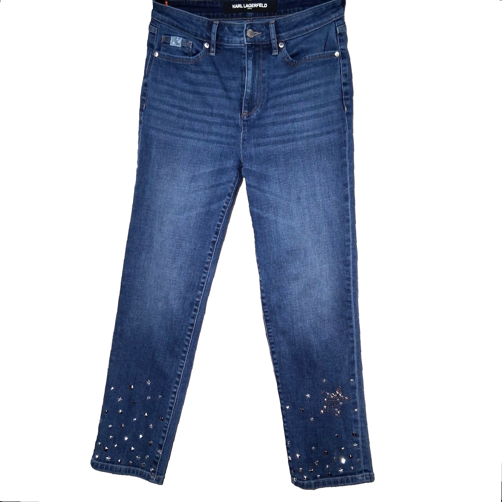 Karl Lagerfeld Karl Lagerfeld Jeans Women 29x27 Straight Leg Studded Rhinestone Star Whiskered Blue Denim 5-Pocket Design Womens Size 29" - 2 Thumbnail