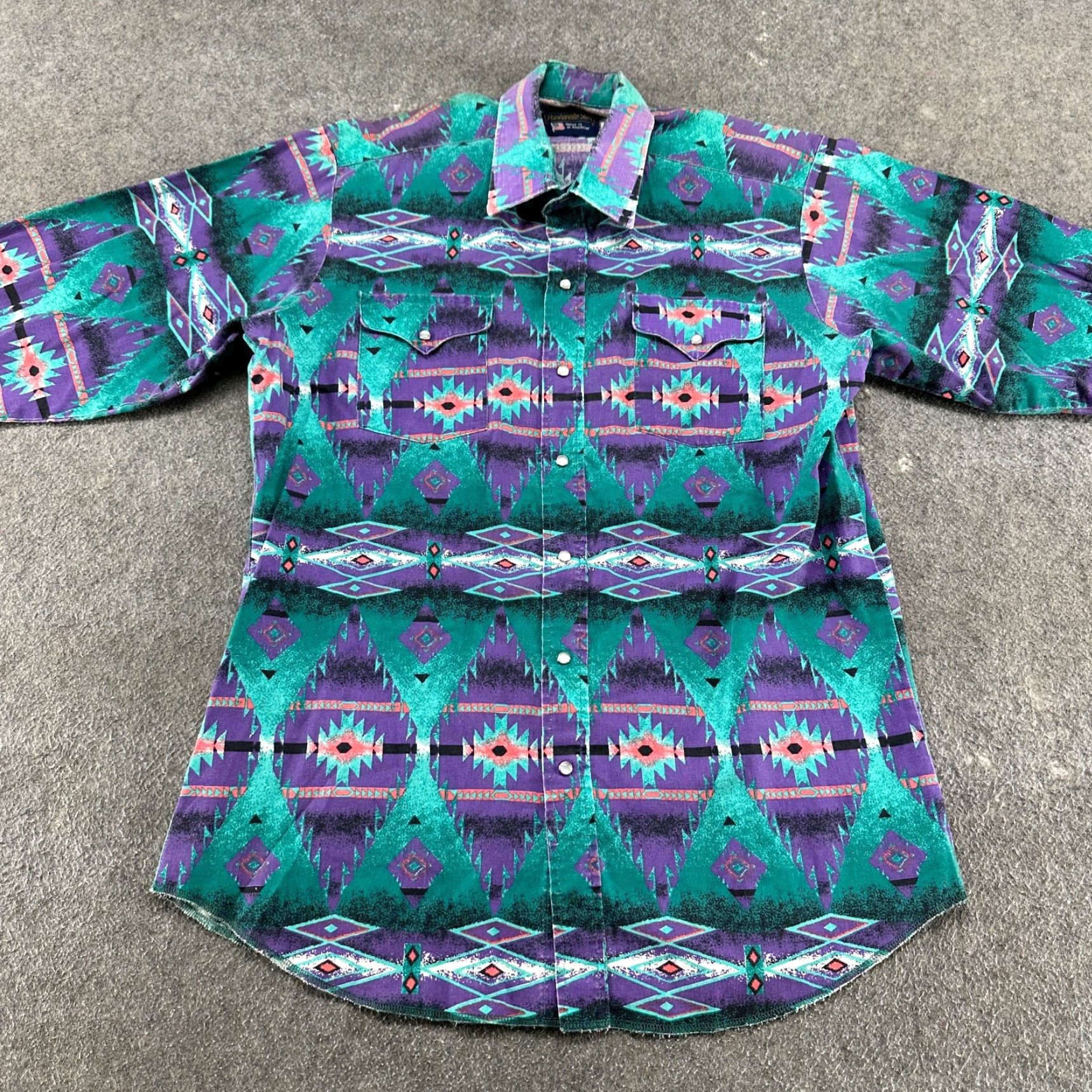 Vintage VINTAGE Panhandle Slim Shirt Men 16.5 34 Purple Green Black Pearl Snap Aztec 90s Size US XL / EU 56 / 4 - 3 Thumbnail