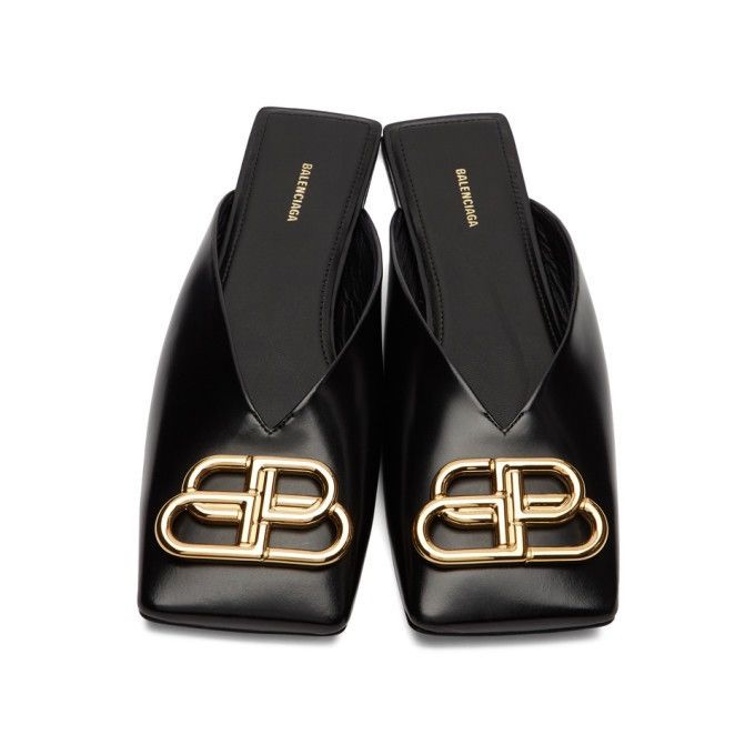 image of Balenciaga Black/gold Square Double B Mule Shoess Shoes, Women's (Size 5.5)