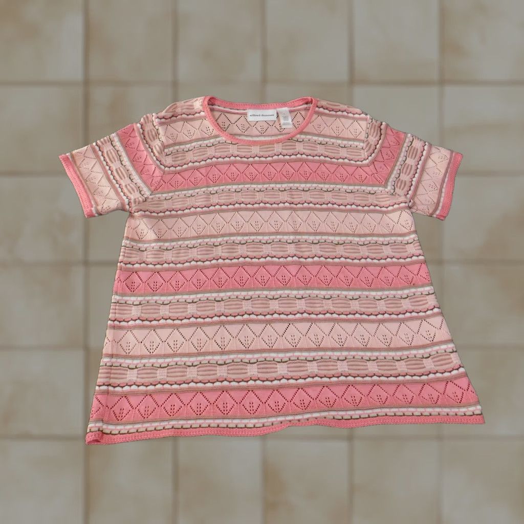 Vintage Alfred Dunner Sweater Pink Raglan Short Sleeve Round Neck Pullover Knit Acrylic Rayon Casual Large L Women Regular Modern Knit Striped Stretch Size L / US 10 / IT 46 - 1 Thumbnail