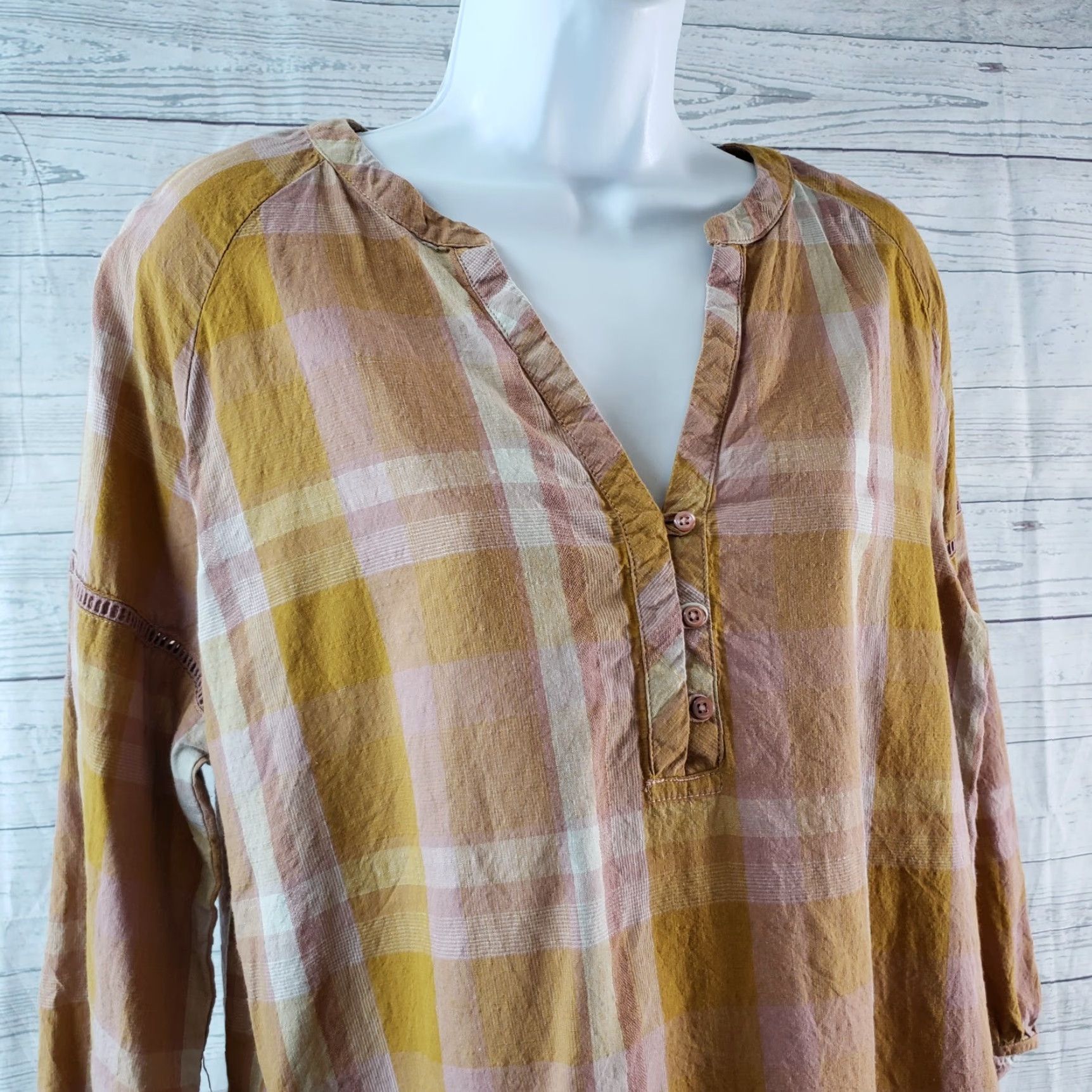 Prana prAna Elena Top 3/4 Sleeve Blouse Womens M Pink Plaid Casual Shirt Size M / US 6-8 / IT 42-44 - 2 Thumbnail