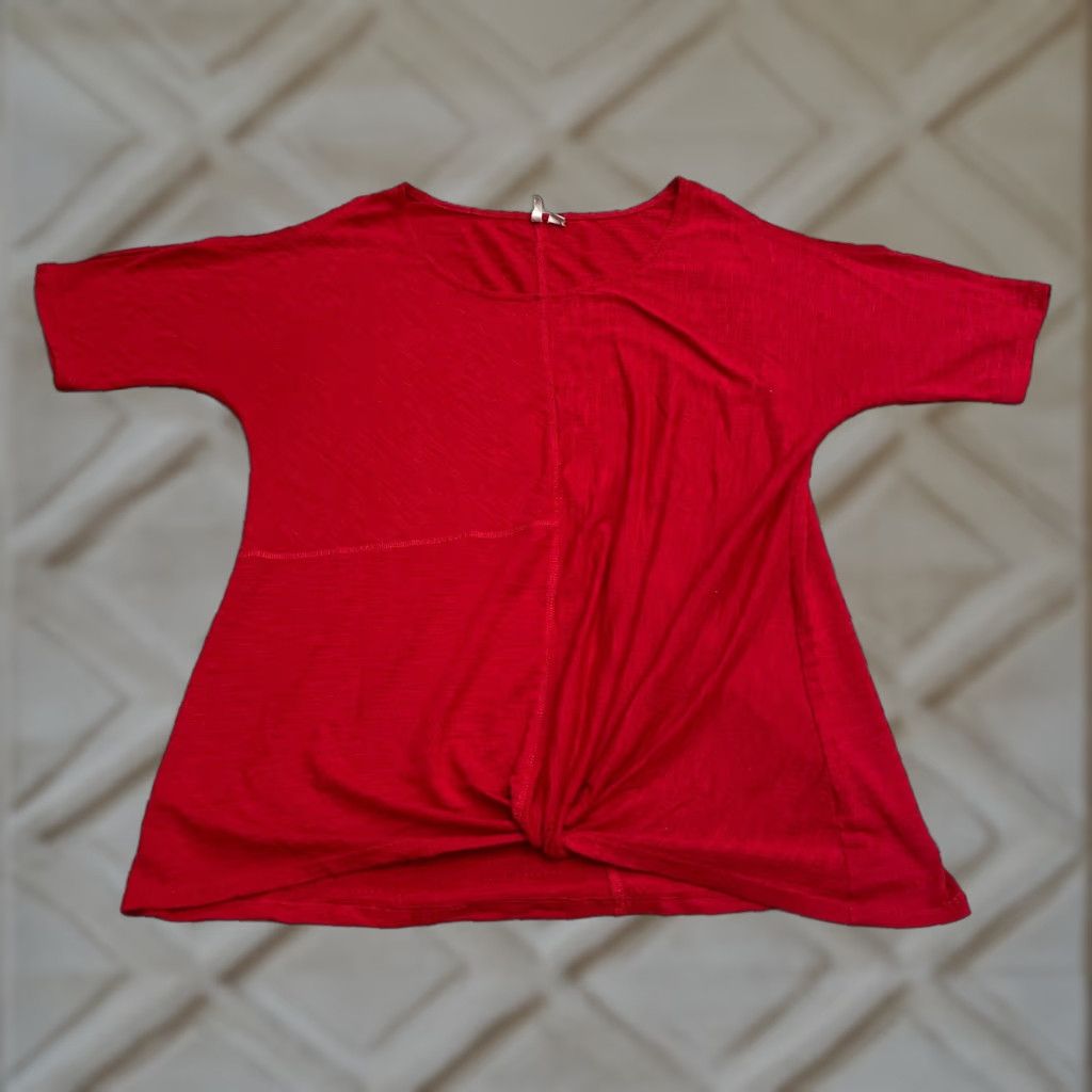 Vintage Cato Blouse Shirt Women L Red Short Sleeve Cold Shoulder Knotted Front Knit Polyester Blend Basic Size L / US 10 / IT 46 - 1 Thumbnail