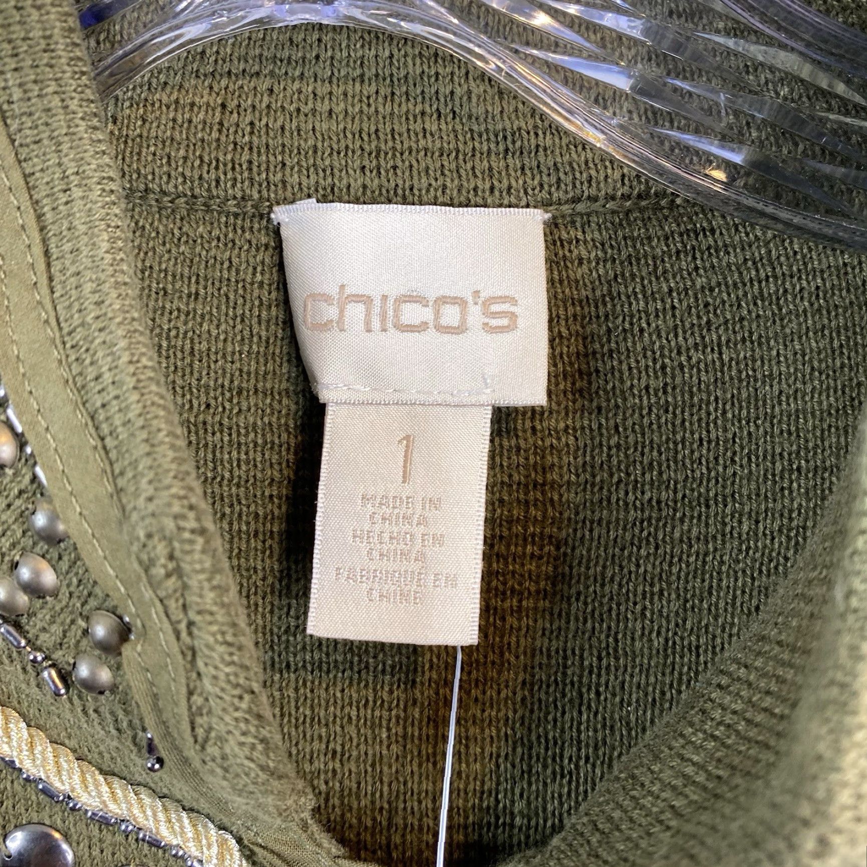 Vintage Chicos Cardigan Sweater 1 M 8/10 Olive Green Beaded Studded 3/4 Sleeve NWT Women's Knit 100% Cotton Button Up High Neck Modern Classic Size M / US 6-8 / IT 42-44 - 3 Thumbnail