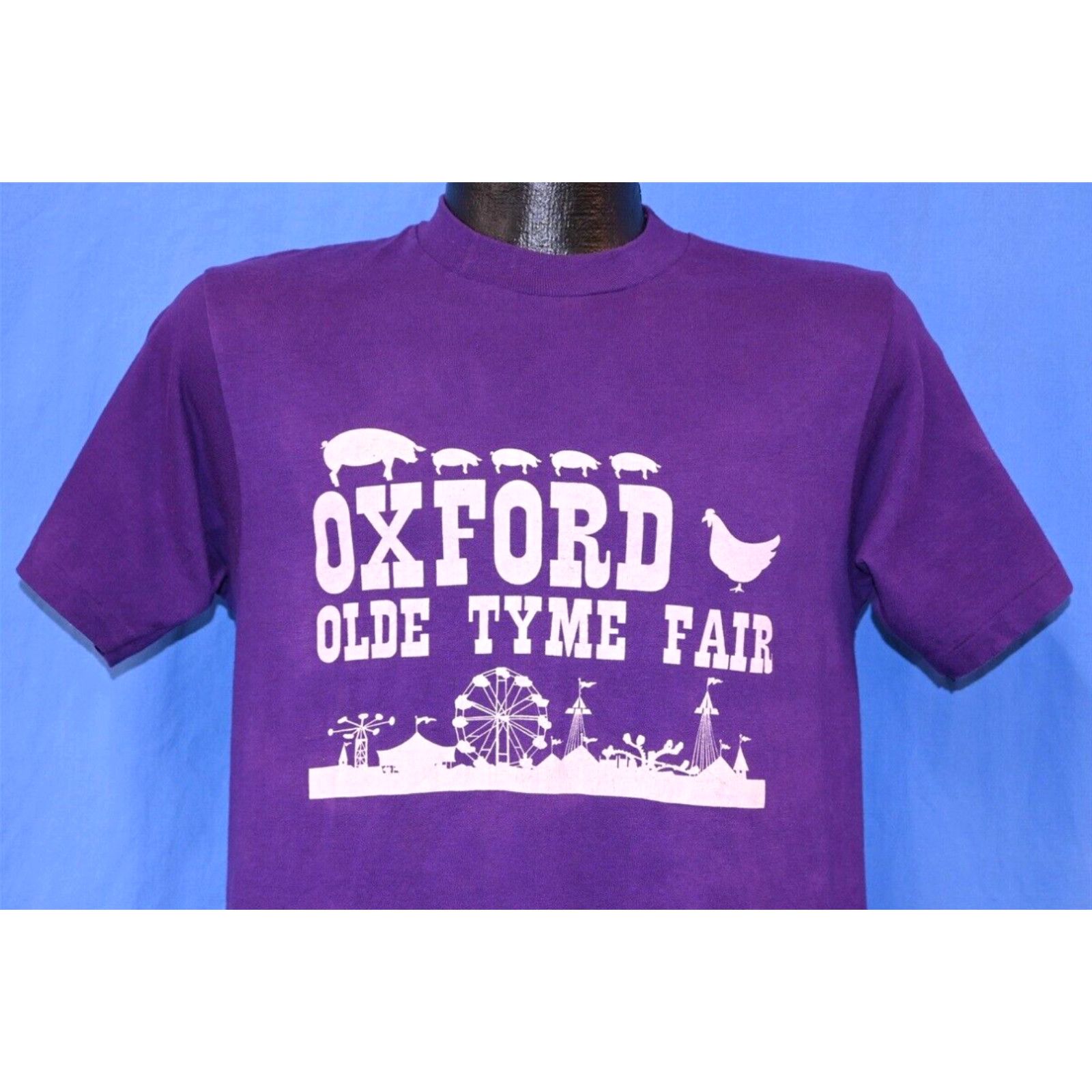 image of Hanes VTG 80's Oxford Olde Tyme Fair Connecticut Ferris Wheel Purple Souvenir T-Shirt S in White (S