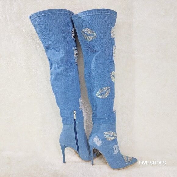 Other Kiss My - Blue Distressed Denim Thigh High Boots With Rhines Size US 11 / IT 41 - 5 Thumbnail