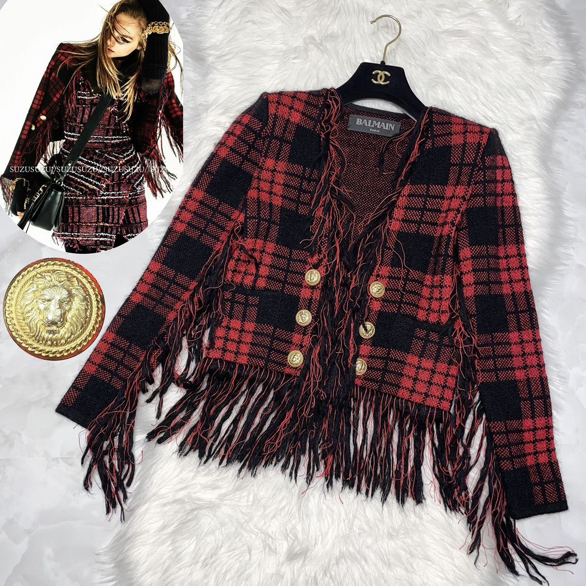 Balmain Lion Gold Button Fringe Plaid Knit Jacket 34