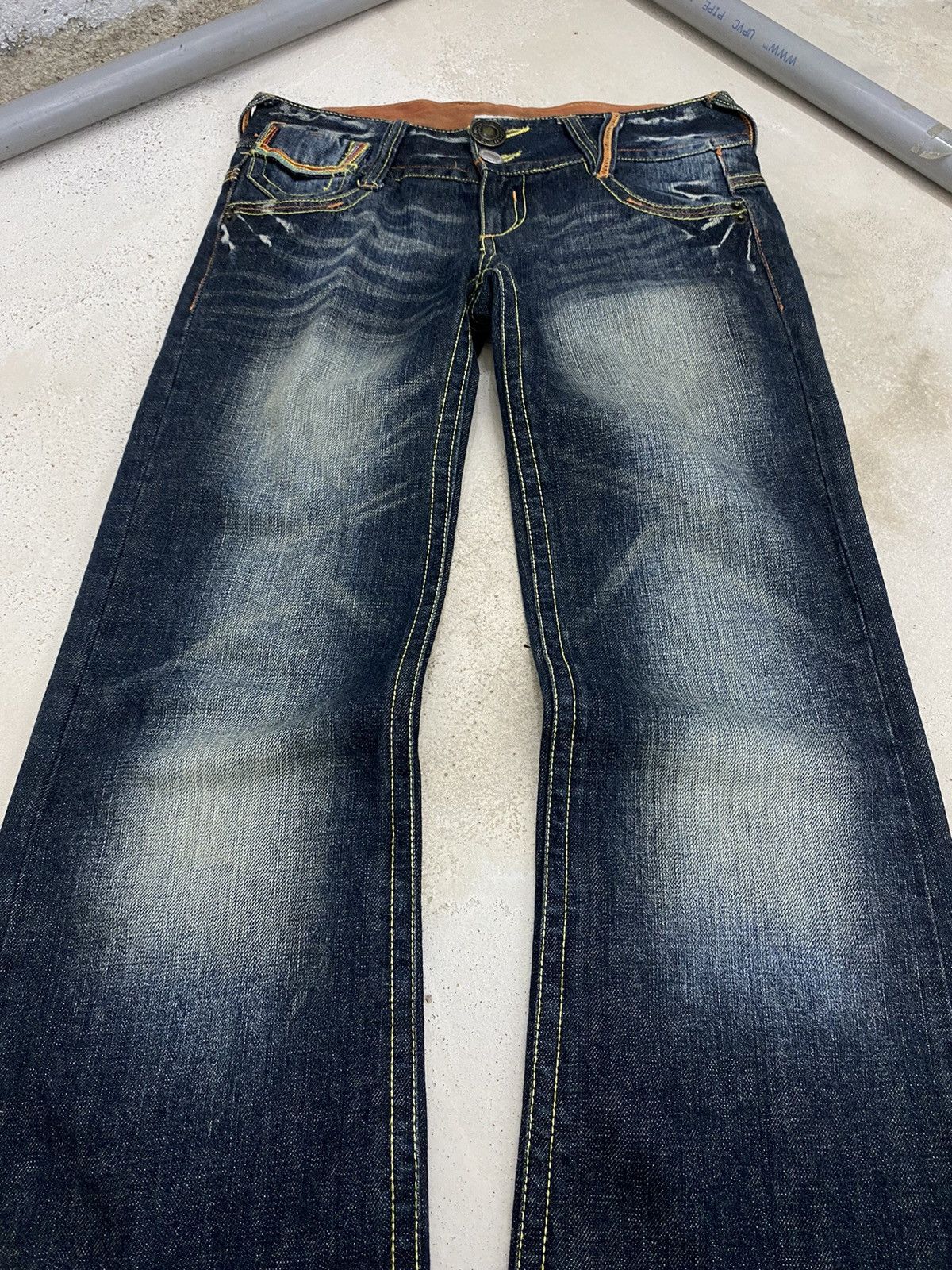 Japanese Brand Flare Colza Japan Mud Washed Whisker Buckle Low Rise Denim Size 29" - 3 Thumbnail