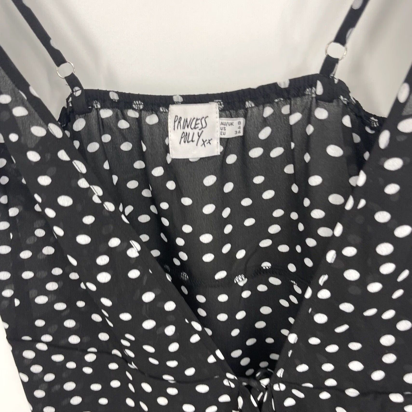 PRINCESS POLLY Princess Polly My Jewel Mini Dress Womens 4 Wrap Ruffle Polka Dot y2k 90s Slip Dress Bohemian 90s Womens Size S / US 4 / IT 40 - 6 Thumbnail