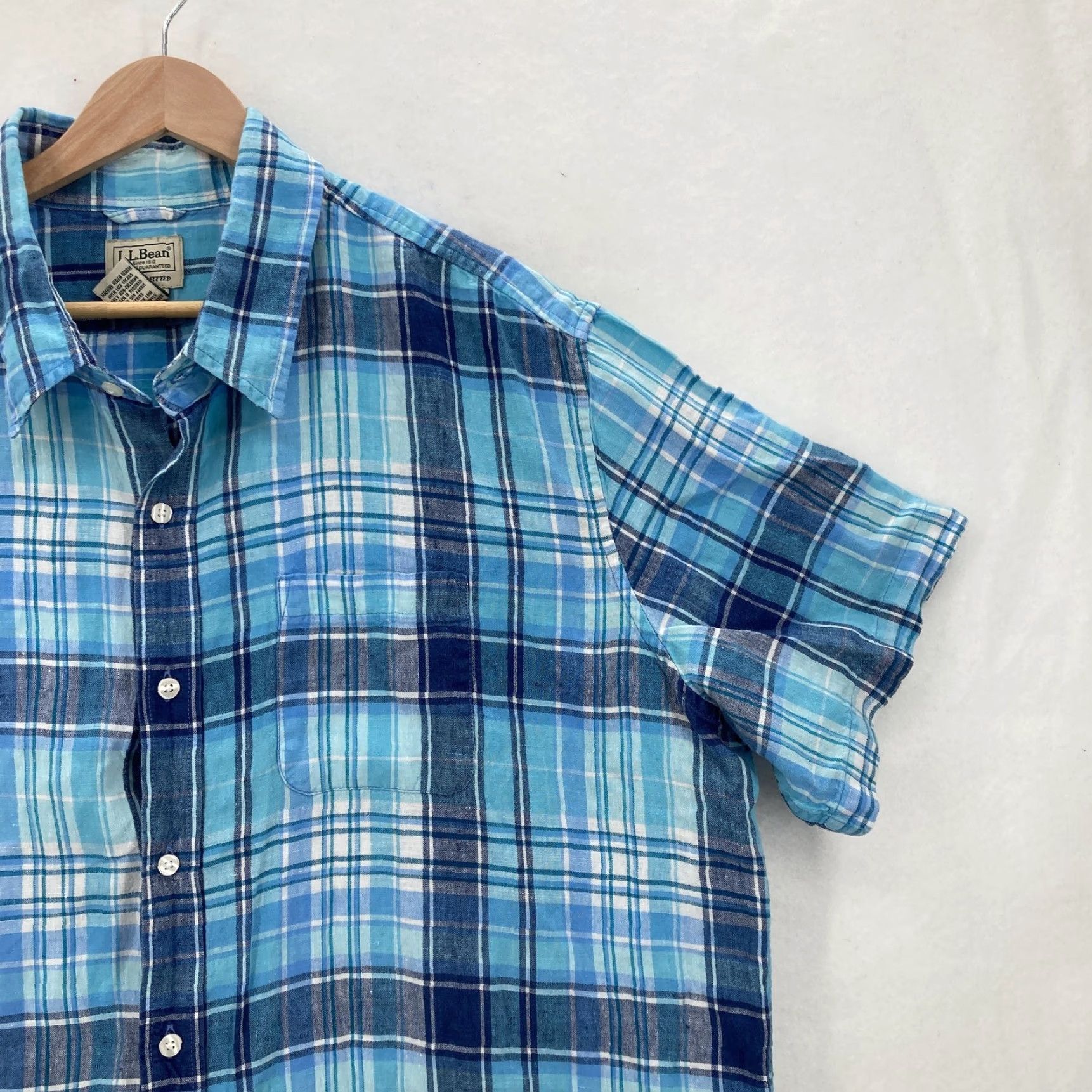 Vintage VINTAGE L.L.Bean Shirt Mens 2XL Blue Plaid Linen Short Sleeve Button-Down Fitted Preppy Size US XXL / EU 58 / 5 - 2 Thumbnail