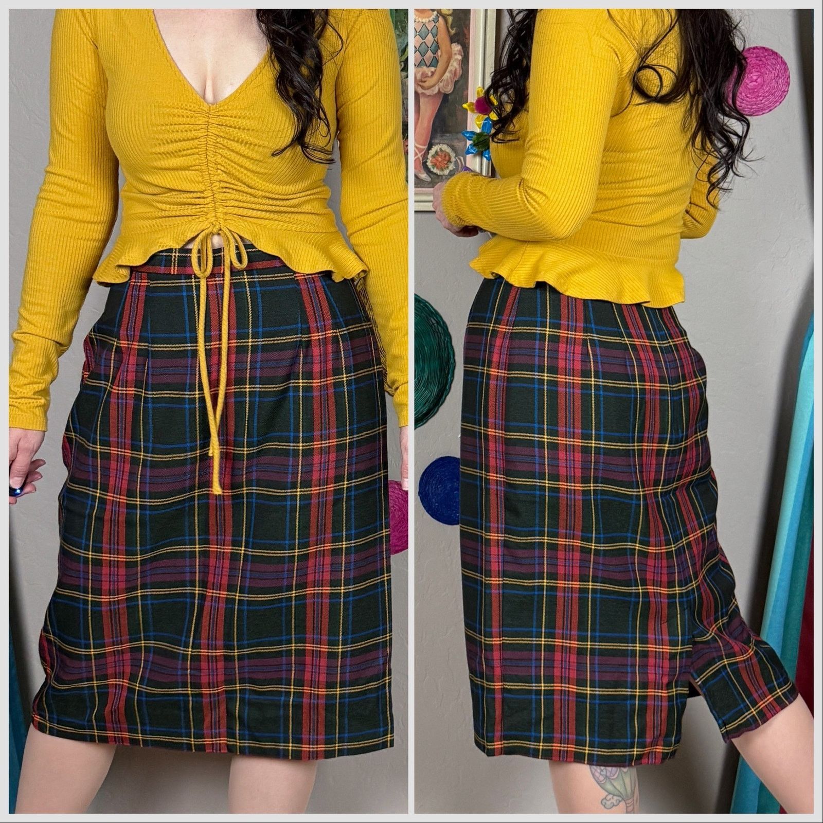 Bill Blass × Vintage Vintage 1980s Green Tartan Plaid Pencil Skirt Size 28" / US 6 / IT 42 - 3 Thumbnail