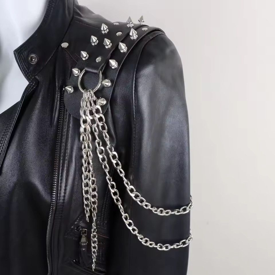 Japanese Brand Black PU Leather Spiked Shoulder Harness Epaulet Chain Size ONE SIZE - 4 Thumbnail