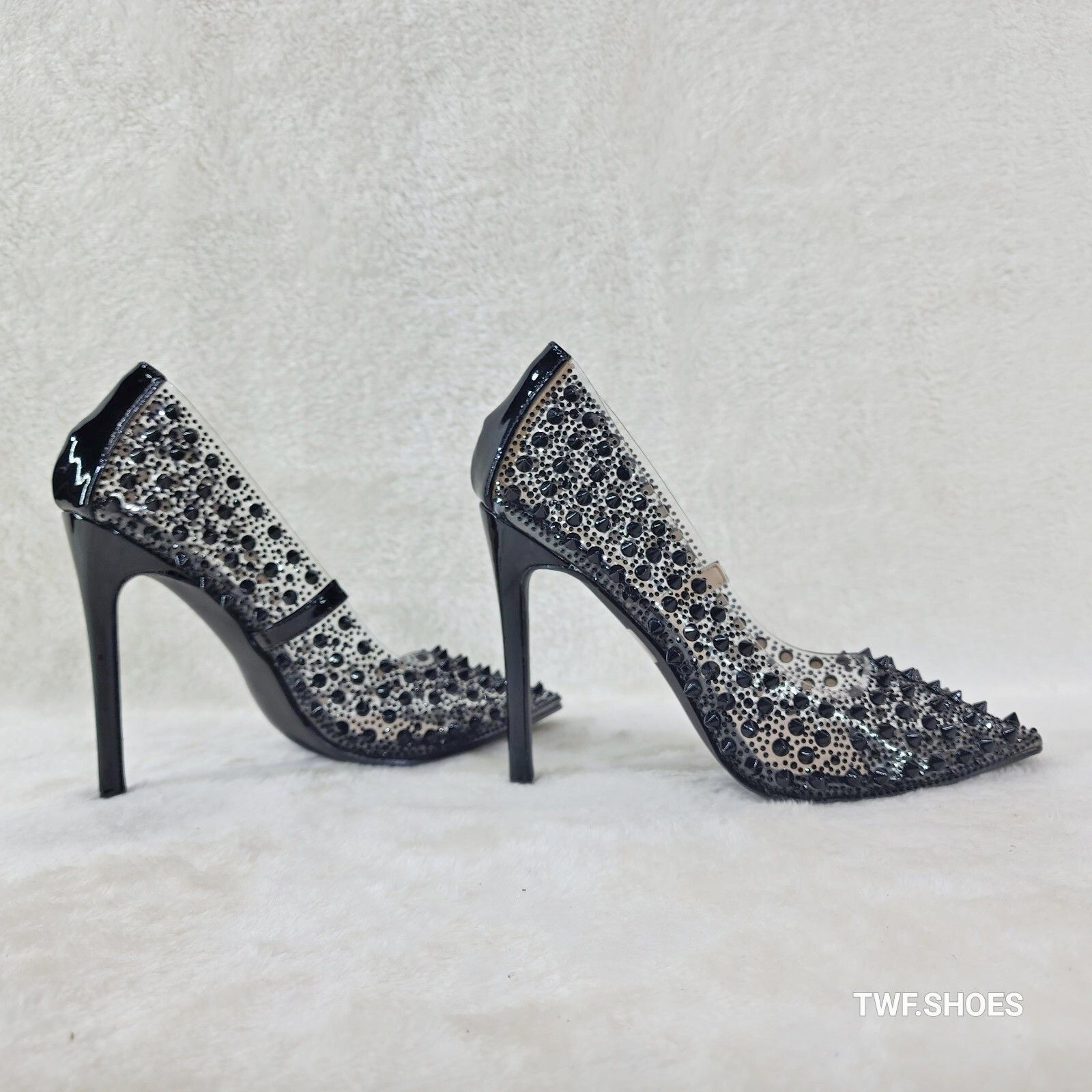 Spicy Stiletto PVC Clear Pumps Black Studs & Rhinestone Pump