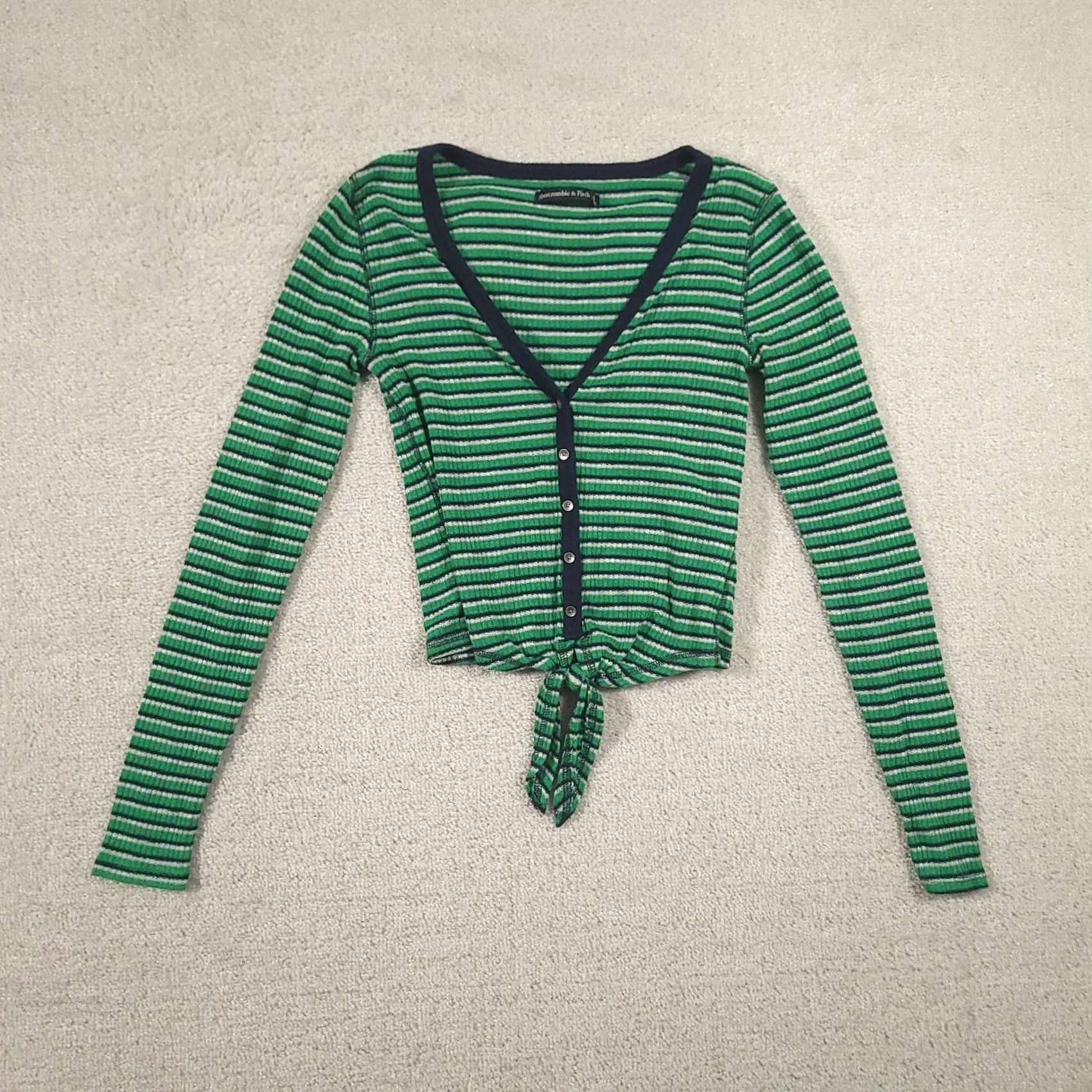 Abercrombie & Fitch Abercrombie & Fitch Long Sleeve Henley Shirt Small Tie Front Y2K Bella Swan Green Striped Cotton Blend Button-Up Womens Shirt Size S / US 4 / IT 40 - 2 Thumbnail