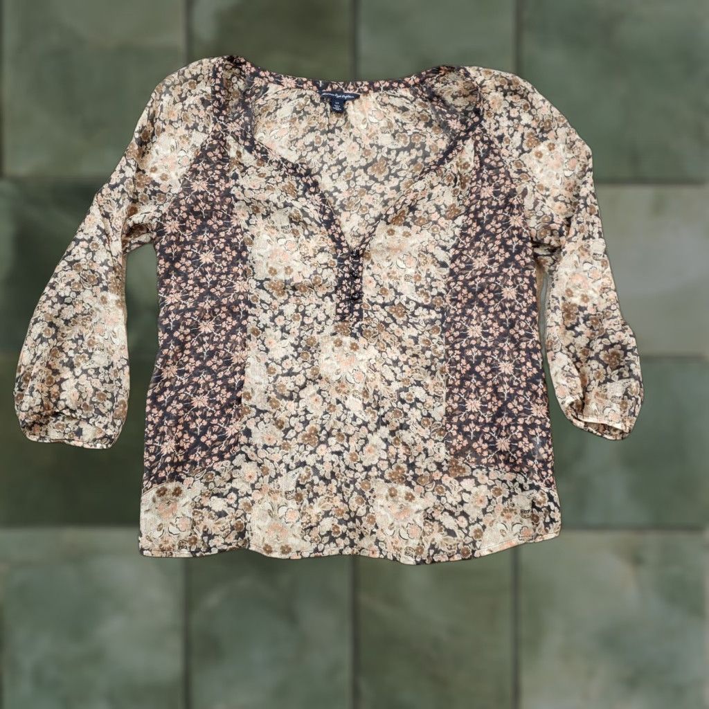 American Eagle Outfitters American Eagle Womens Small Blue Floral Blouse Top Loose V-Neck Bohemian Style Polyester Size S / US 4 / IT 40 - 1 Thumbnail