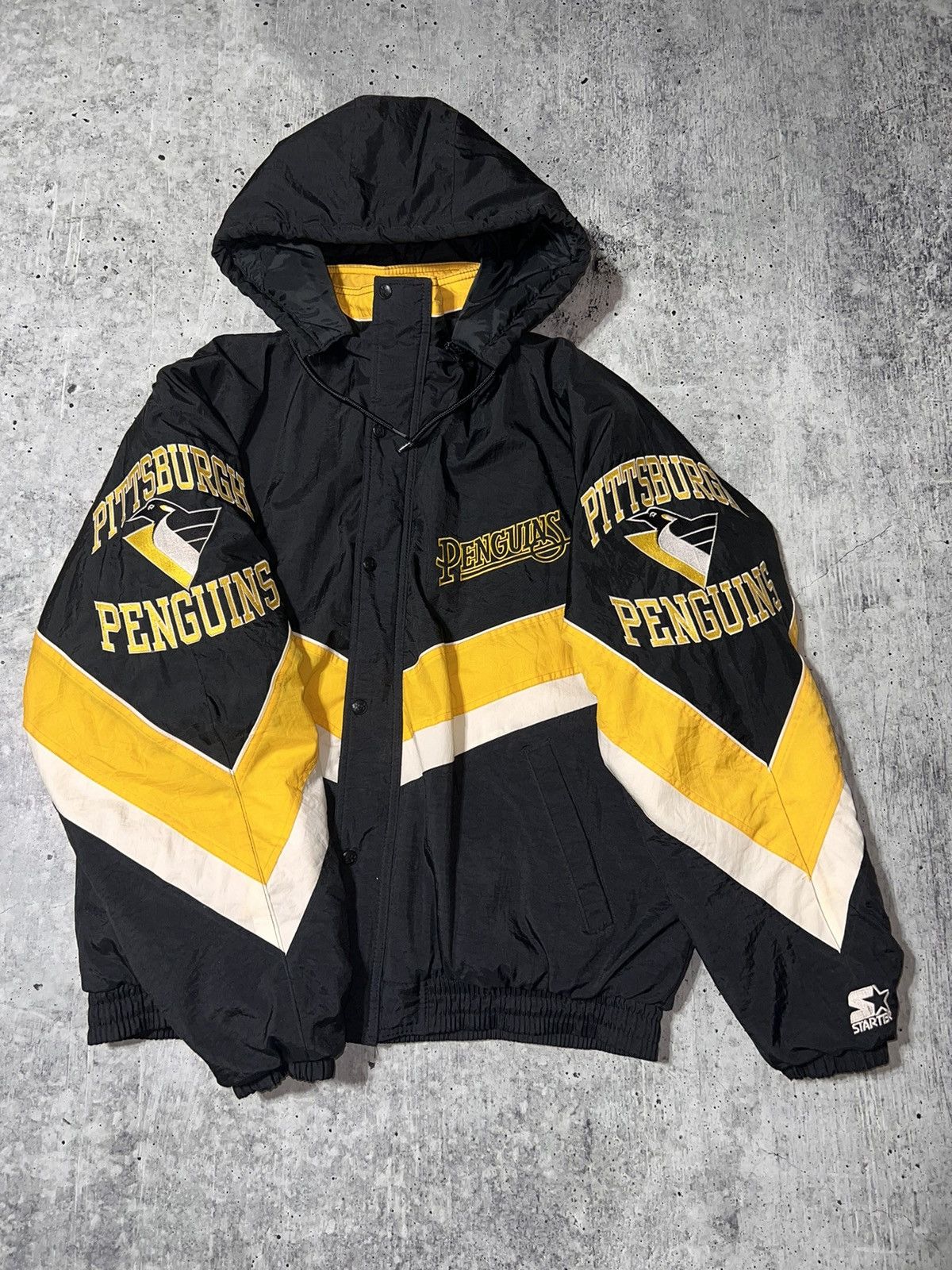 image of Nhl x Starter Crazy 90's Pittsburgh Penguins Starter Sports Jacket in Black, Men's (Size 2XL)