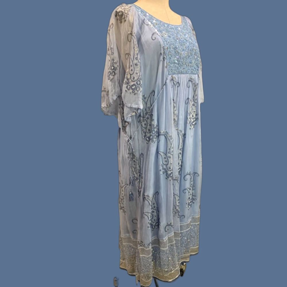 VINTAGE Novica Blue Printed Elegant Entrance New Embellished Sequin Dress Long A-Line Women 2XL/XXL
