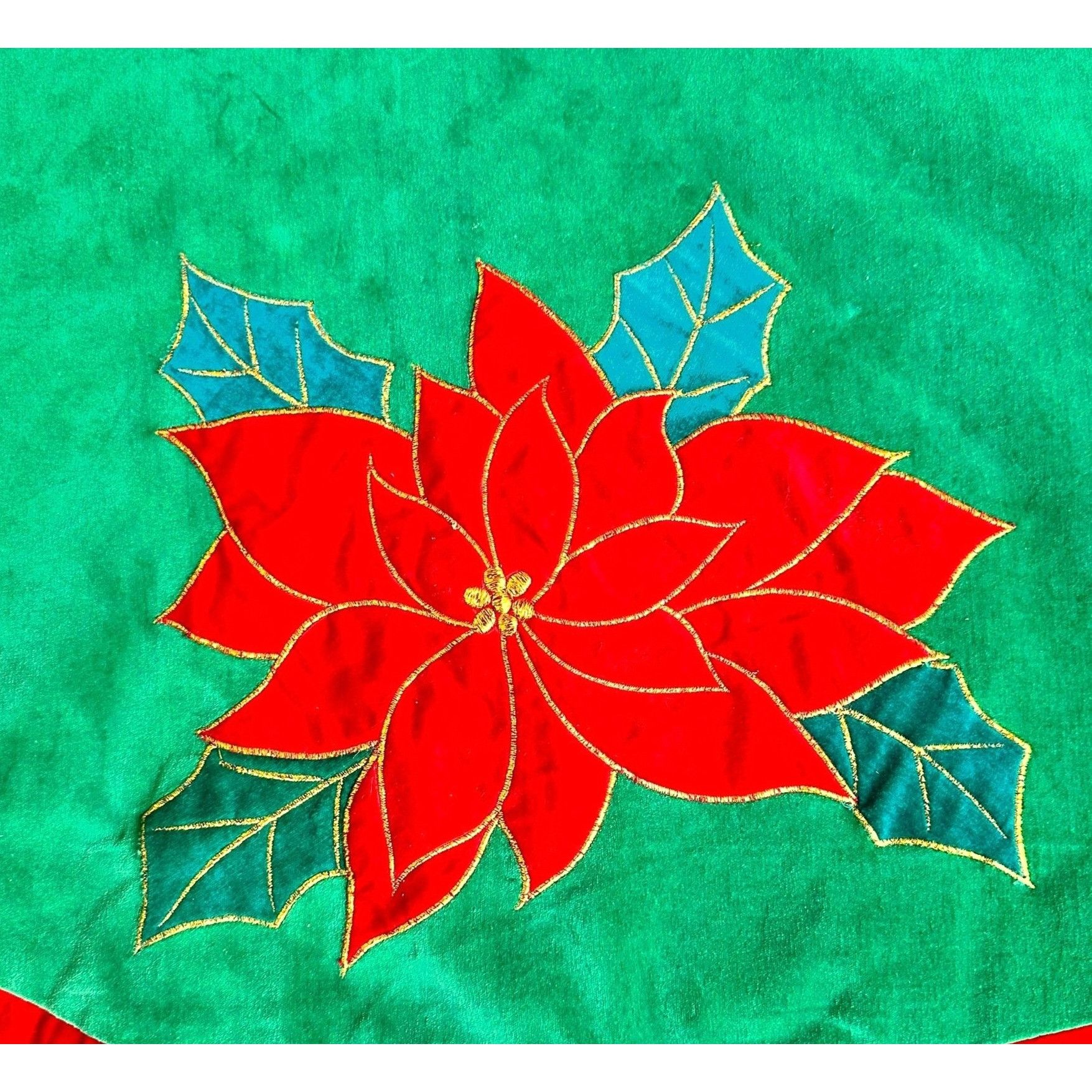 Vintage VTG Poinsettia Christmas Tree Skirt Red Green Holly Embroide Size ONE SIZE - 4 Thumbnail