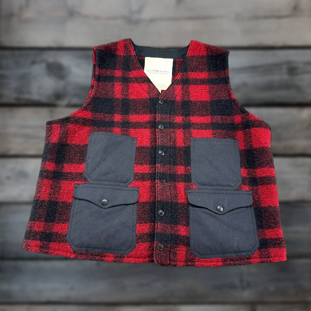 VINTAGE Ralph Lauren Vest Mens 2XL Wool Plaid Western Mackinaw Buffalo Multicolor Short Coat Vest Mens 90s Western Style Denim & Supply Ralph Lauren