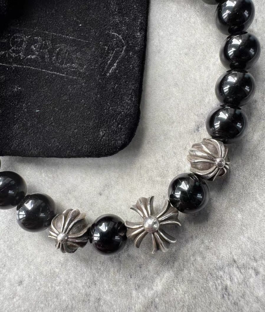 Chrome Hearts Obsidian Four Silver Beads Bracelet