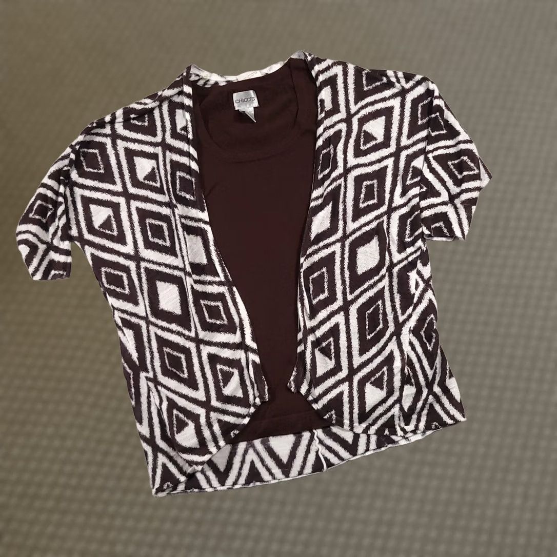 Vintage VINTAGE Chicos Cardigan Womens XS Brown Geometric Open Front Short Sleeve Layer Cropped Bohemian Lightweight Spritz Mens? Size XS / US 0-2 / IT 36-38 - 1 Thumbnail