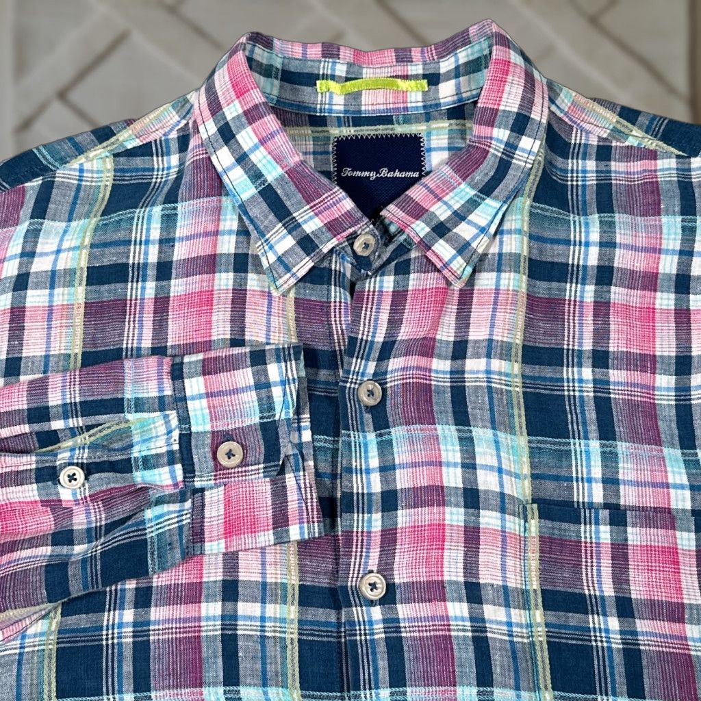 Tommy Bahama Tommy Bahama Linen Shirt Blue Pink Plaid Long Sleeve Adult XL Button-Up Mens Size US XL / EU 56 / 4 - 1 Thumbnail