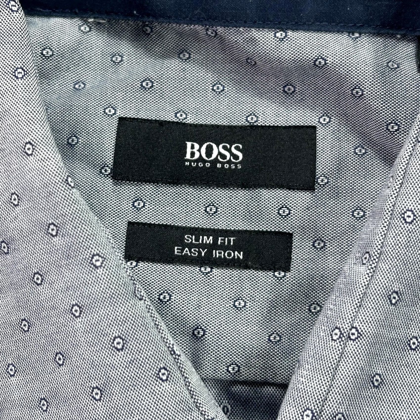 Hugo Boss HUGO BOSS Dress Shirt Mens 16 Slim Geometric Blue Easy Iron 34/35 Cotton Shirt Mens 16 neck sleeve Geometric Pattern Business Size 42R - 4 Thumbnail