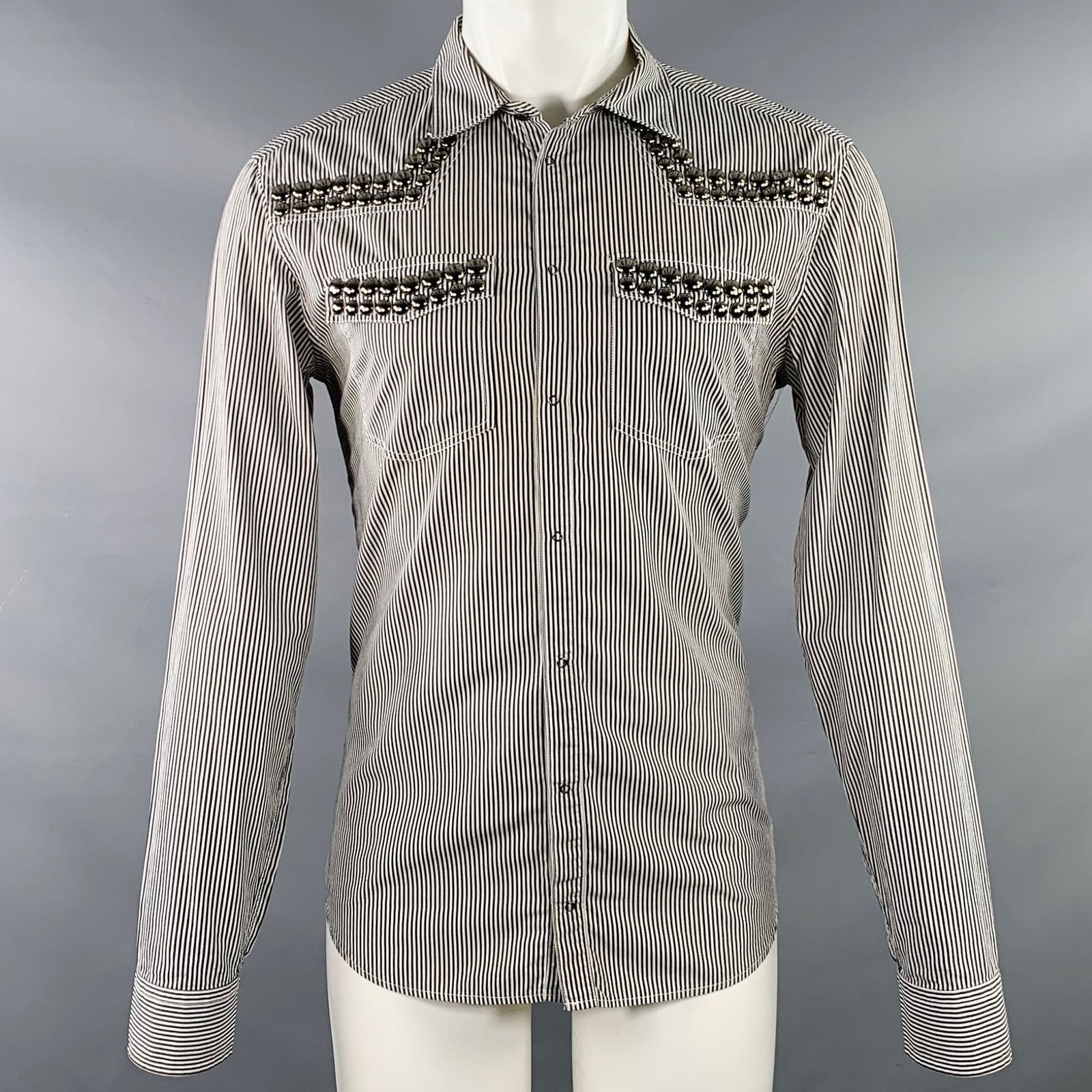 Pierre Balmain Silver Black White Stripe Studded Cotton Long Sleeve Shirt Size US M / EU 48-50 / 2 - 1 Thumbnail