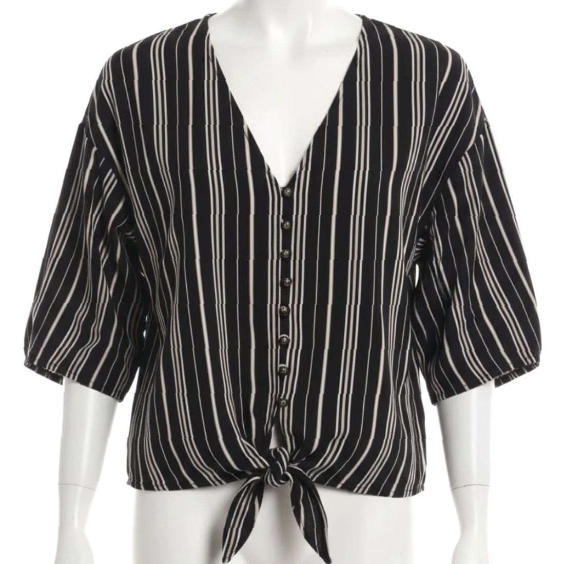 Vintage Maurices Blouse Women M Black Striped Short Sleeve Button Tie Front Bohemian Hippie Casual Shirt Size M / US 6-8 / IT 42-44 - 2 Thumbnail