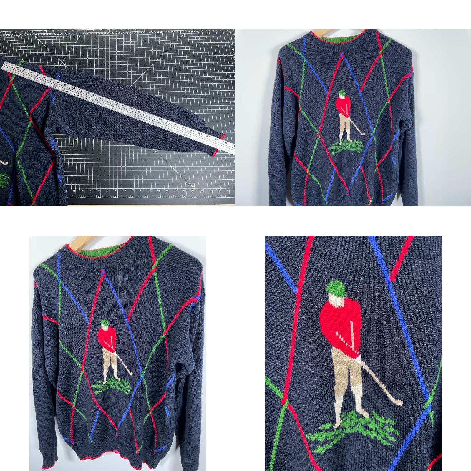 Jantzen VINTAGE Jantzen Sweater Diamond Pattern Knitted Crew Neck Men Large Blue 90s Golf Motif Heavyweight Pullover Knit Cotton Casual Skinner Size US L / EU 52-54 / 3 - 8 Thumbnail