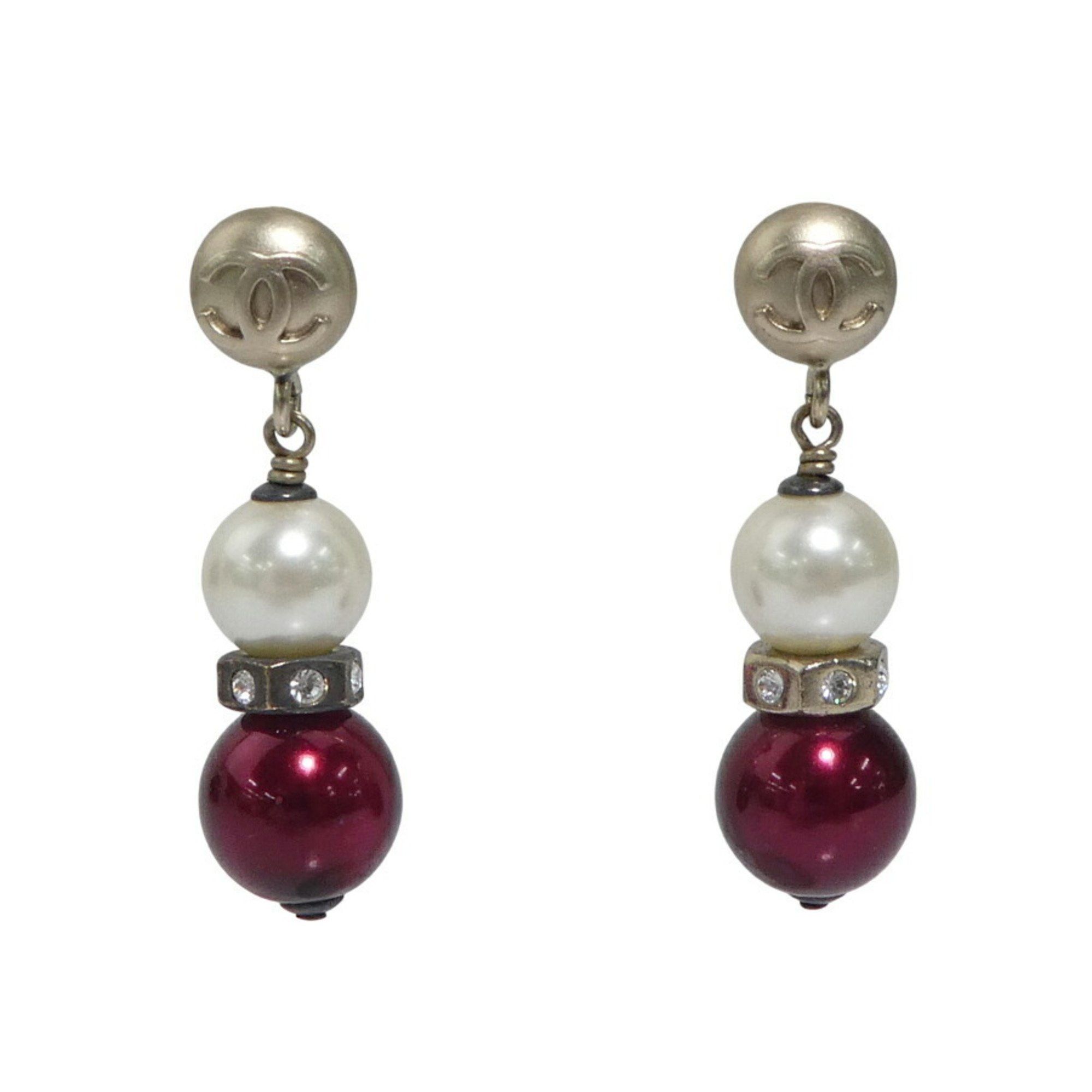 Chanel CHANEL Coco Mark Metal Earrings with Faux Pearls in Gold, White, and Burgundy, Women's, e61121k Size ONE SIZE - 1 Thumbnail