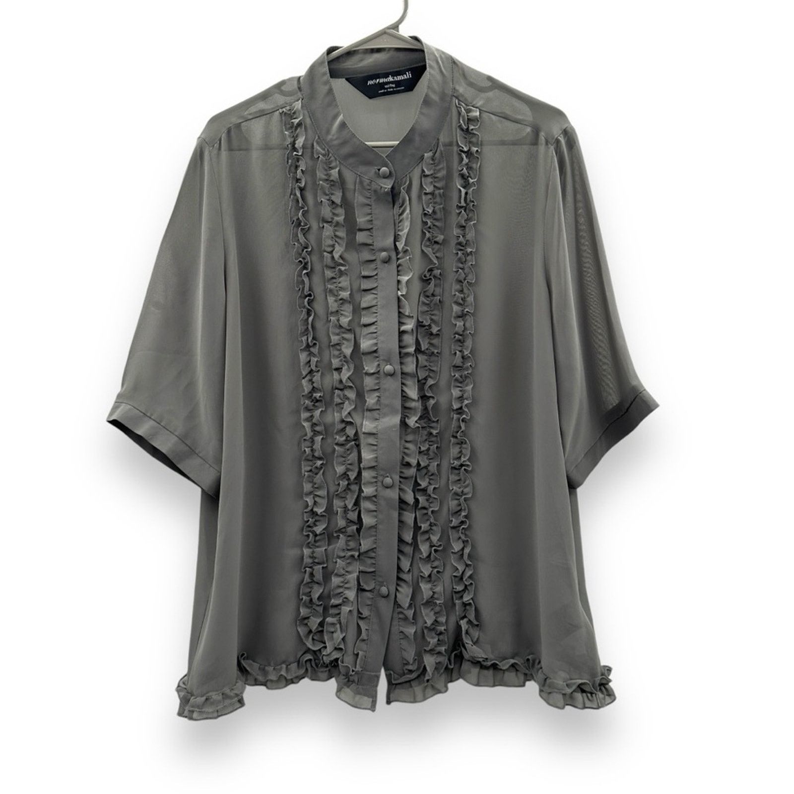 Norma Kamali Norma Kamali Poet Sheer Gray Ruffle Button-Front Top Size XXL / US 16-18 / IT 52-54 - 2 Thumbnail