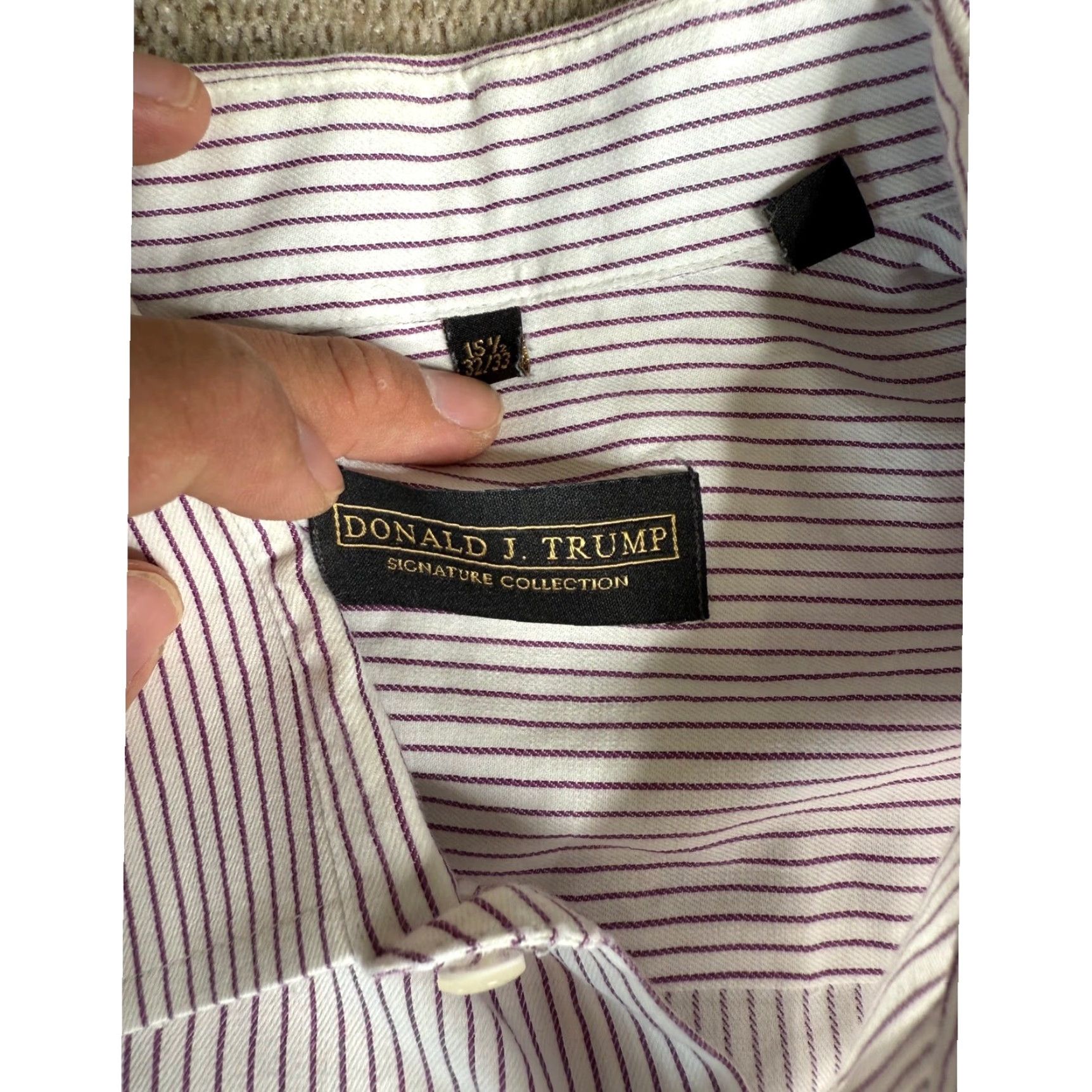 Vintage Donald J Trump Signature Collection Dress Shirt Striped 16.5 32/33 Long Sleeve White Men Regular Button Down Pocket Cotton Size 46R - 2 Thumbnail