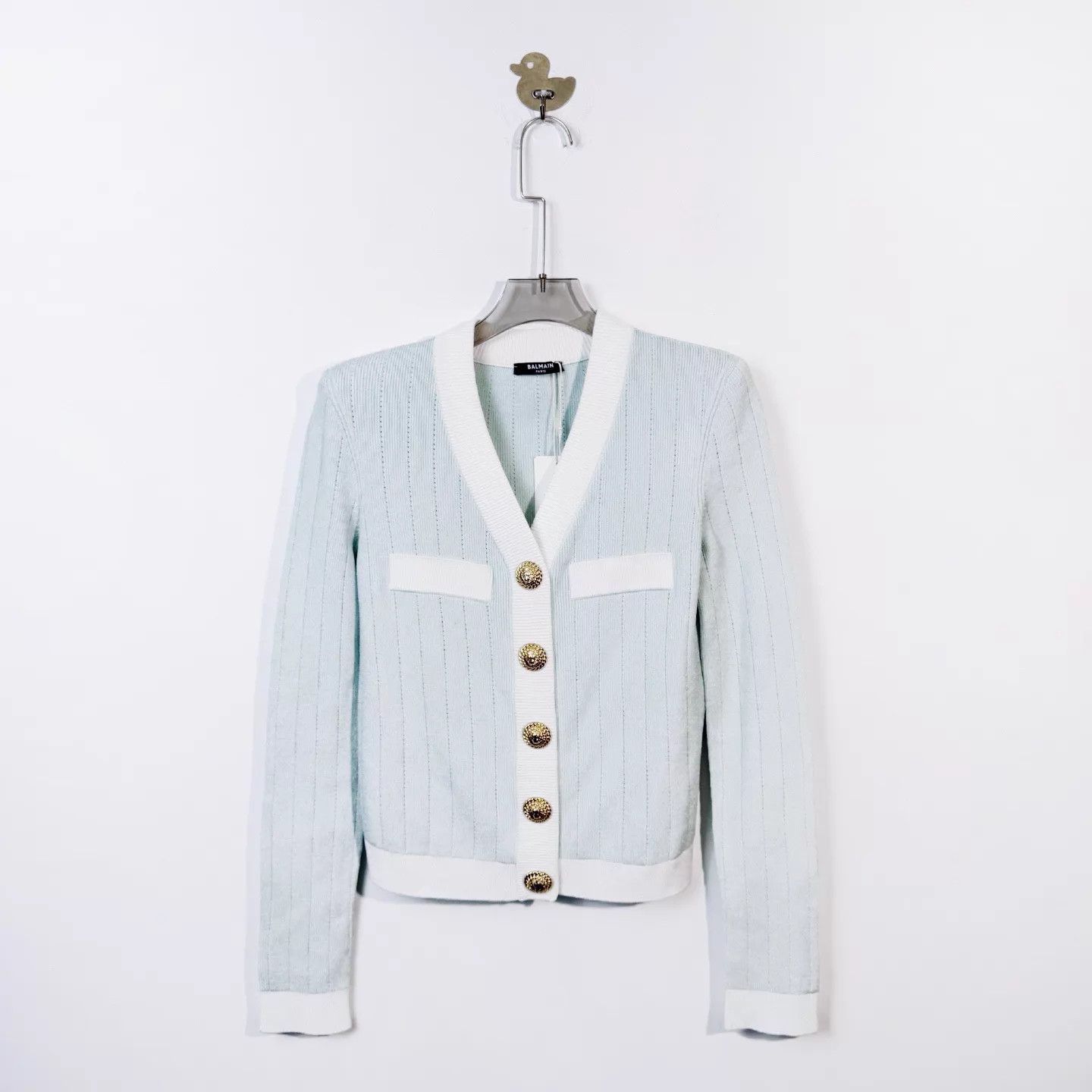 Balmain Balmain 24 V-neck long sleeve white light blue knit top wmn Size XXS / US 00 / IT 34 - 1 Thumbnail