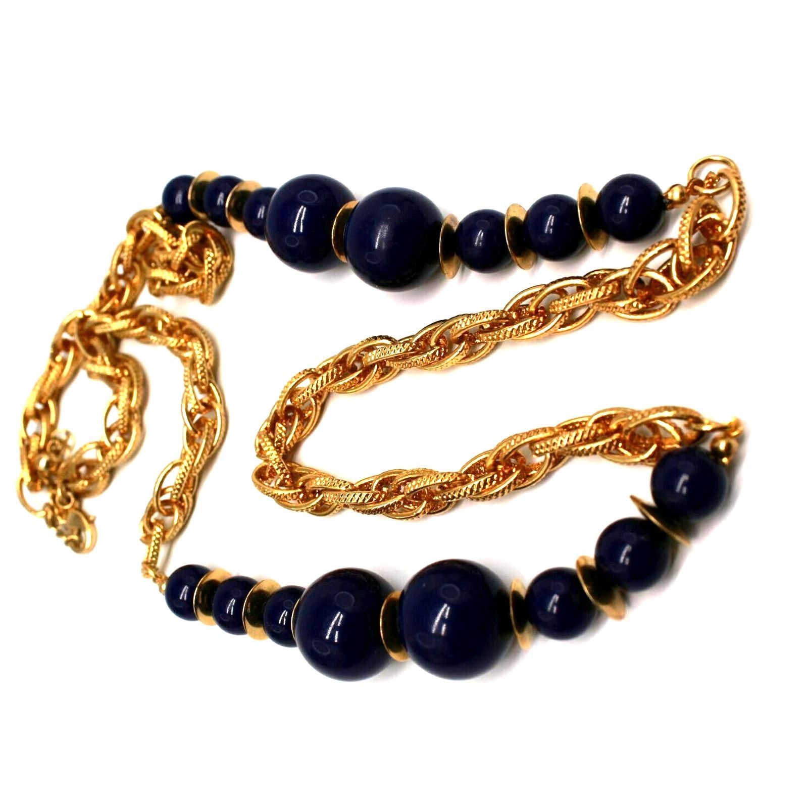 Other Dark Blue Beads Goldtone Chain Necklace Discs 35" •Marked CN Size ONE SIZE - 3 Thumbnail