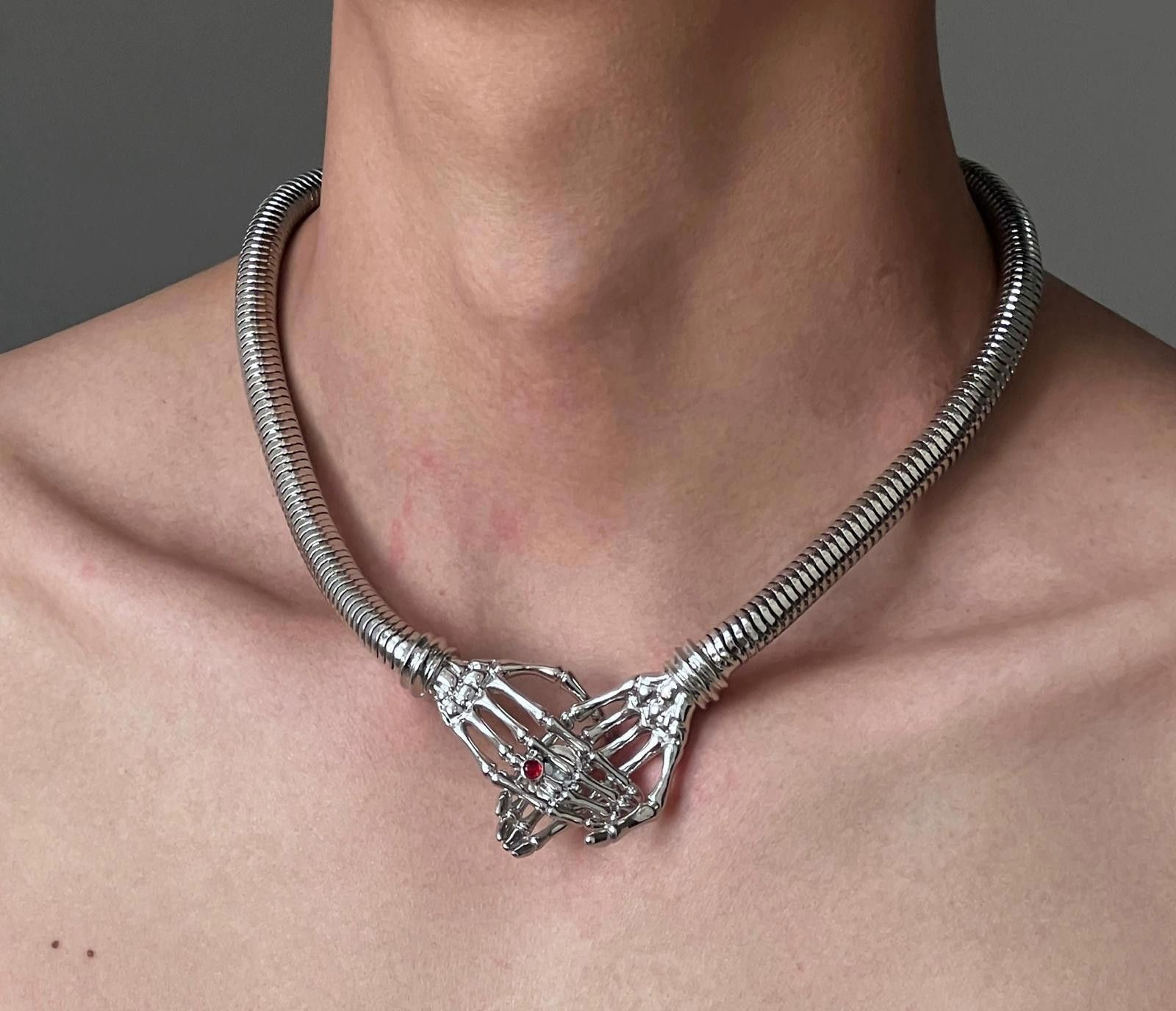 Jewelry Silver Skeleton Hands Choker Necklace, Mens Jewelry Size ONE SIZE - 3 Thumbnail