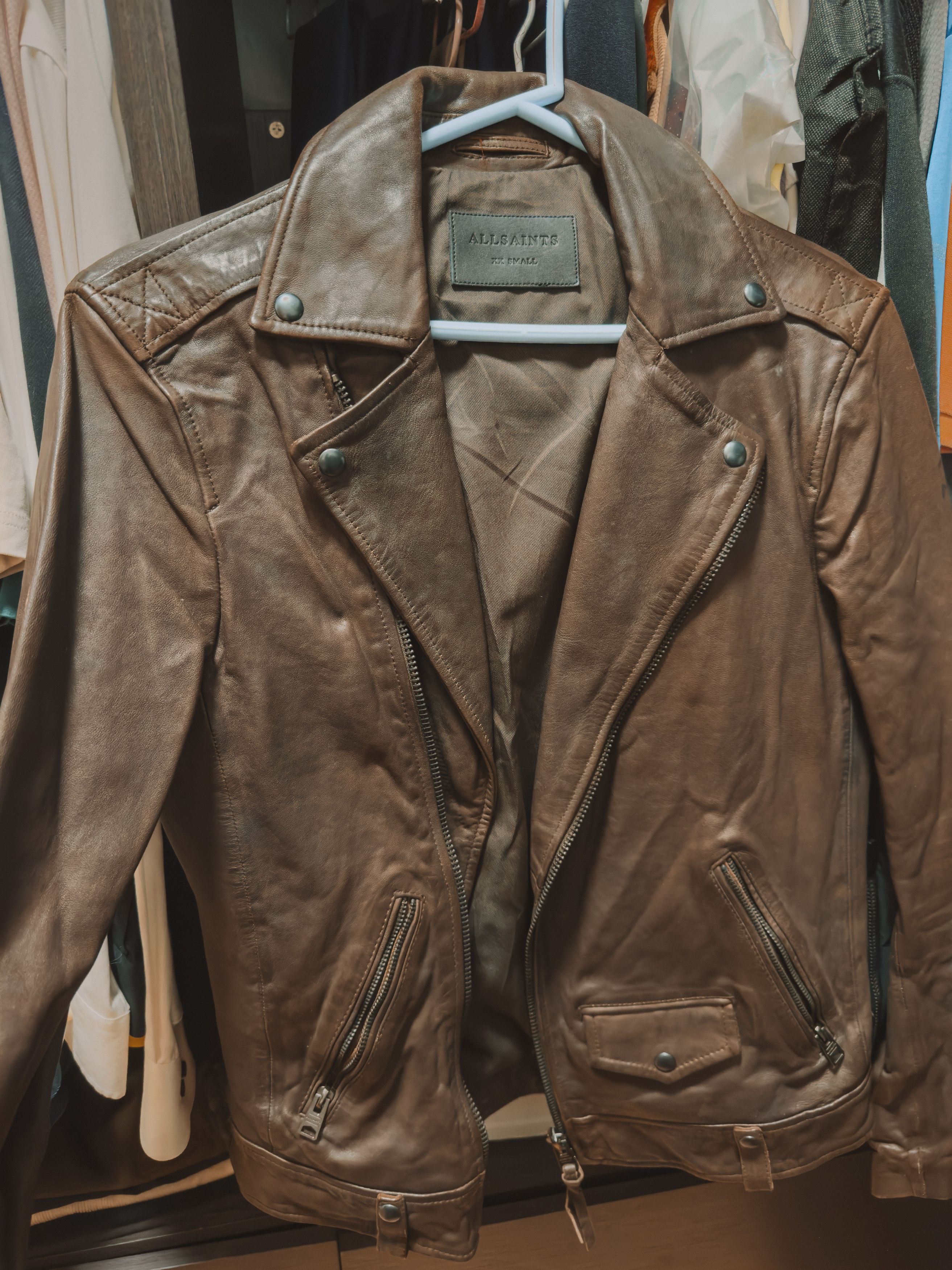Allsaints ALLSAINTS Axis Leather Biker Jacket in Dark Brown Size US XXS / EU 40 - 2 Thumbnail