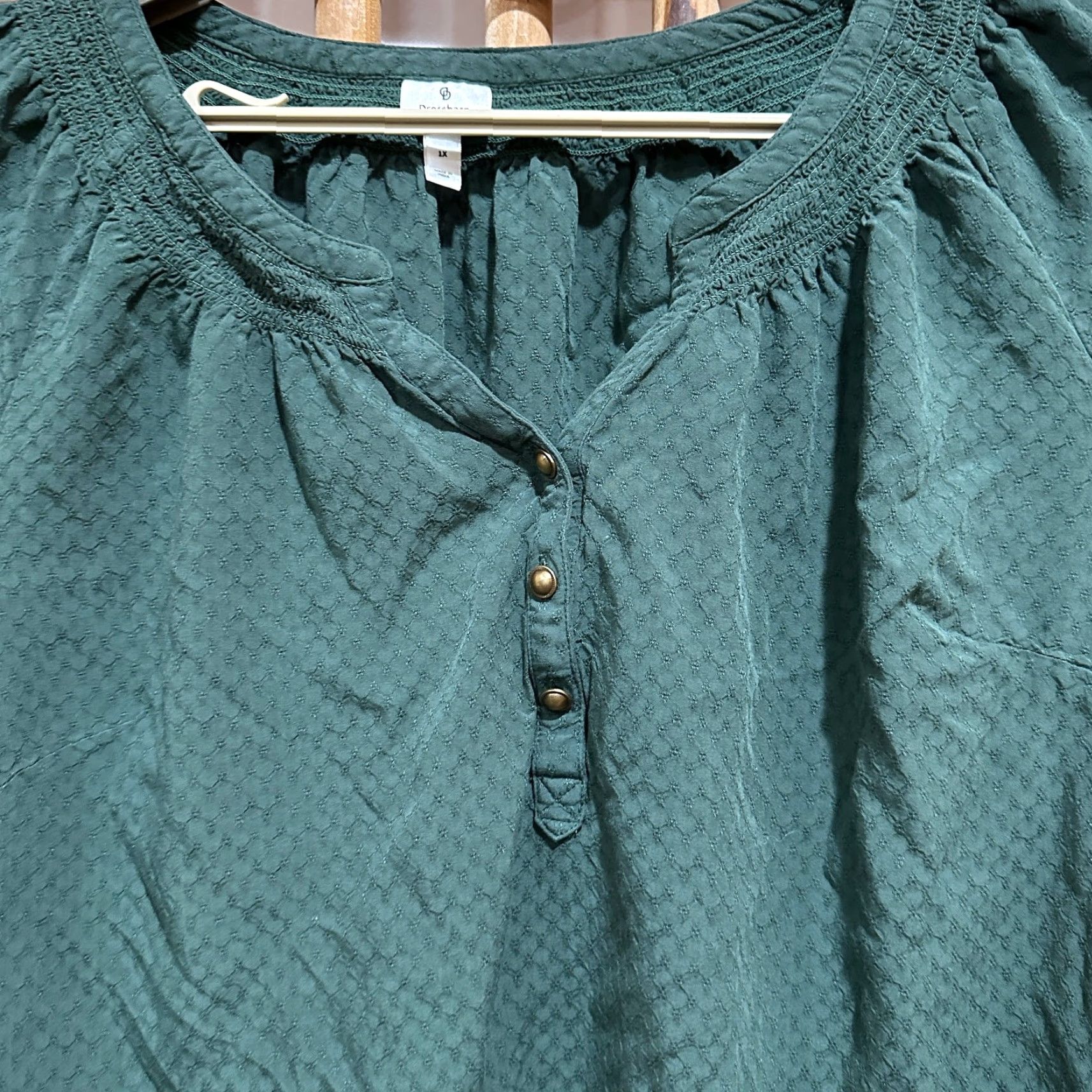 Vintage Dressbarn Blouse Women Plus 1X Green Bohemian Henley Long Sleeve Solid Rayon Shirt Size XL / US 12-14 / IT 48-50 - 4 Thumbnail