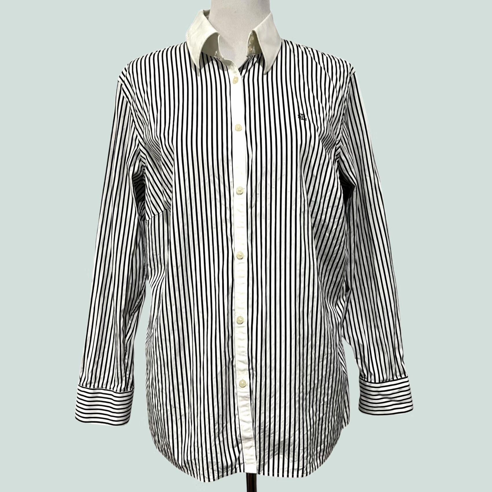 Ralph Lauren VINTAGE Lauren Ralph Lauren Striped Button-Up Top Long Sleeve Black White 1X Women Shirt Cardigan? Size XL / US 12-14 / IT 48-50 - 1 Thumbnail