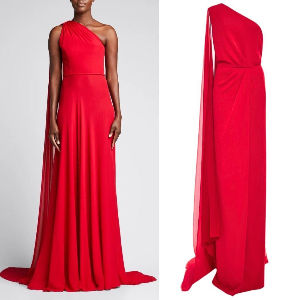 Naeem Khan Naeem Khan Red 100% Silk Draped One-Shoulder Braided Waist C Size S / US 4 / IT 40 - 1 Thumbnail