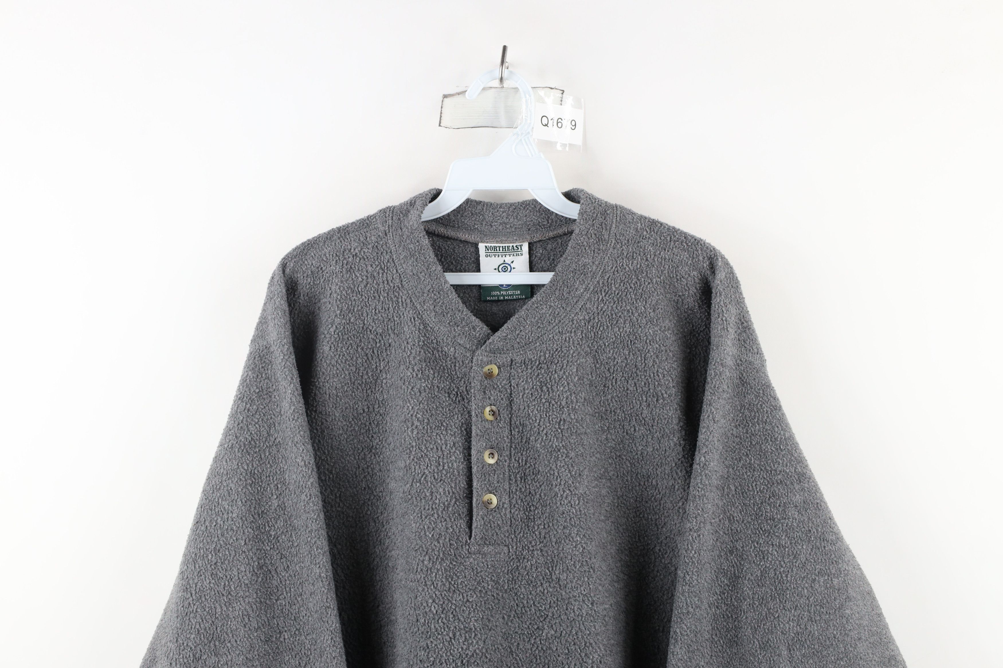 Vintage Vintage 90s Streetwear Blank Fleece Henley Sweater Gray Size US L / EU 52-54 / 3 - 2 Thumbnail