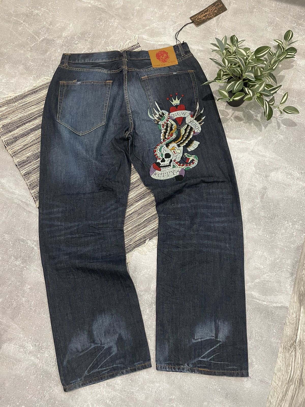 image of Avant Garde x Ed Hardy Tatto Jeans Y2K Punk Rock Jnco Skull Skeleton in Blue Jean, Men's (Size 40)