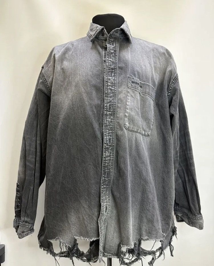 image of Balenciaga Trash Distressed Logo Slogan Denim Jacket Shirt in Grey, Men's (Size Small)