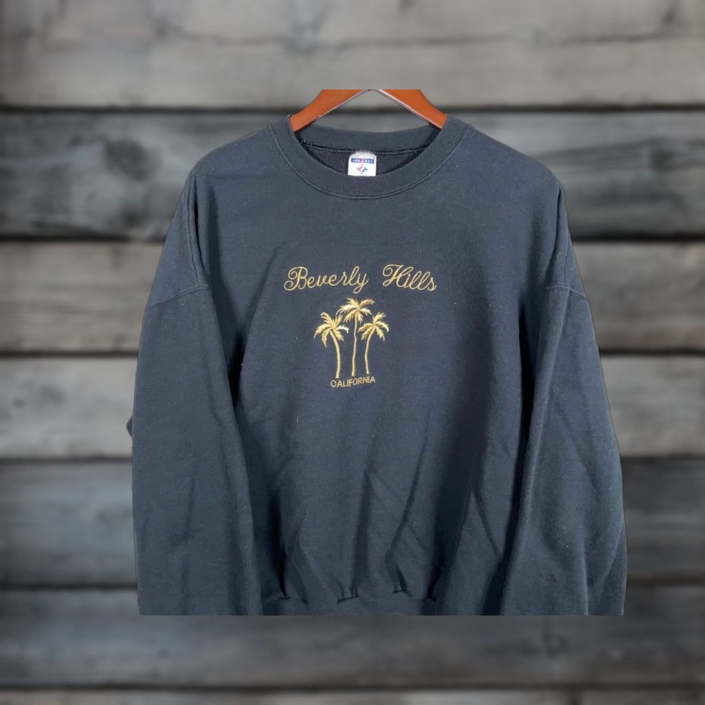 Jerzees VINTAGE Jerzees Sweatshirt Men XL Black Embroidered Beverly Hills California 50/50 90s City Retro Cotton Blend Graphic Print Crew Neck Pullover Size US XL / EU 56 / 4 - 1 Thumbnail