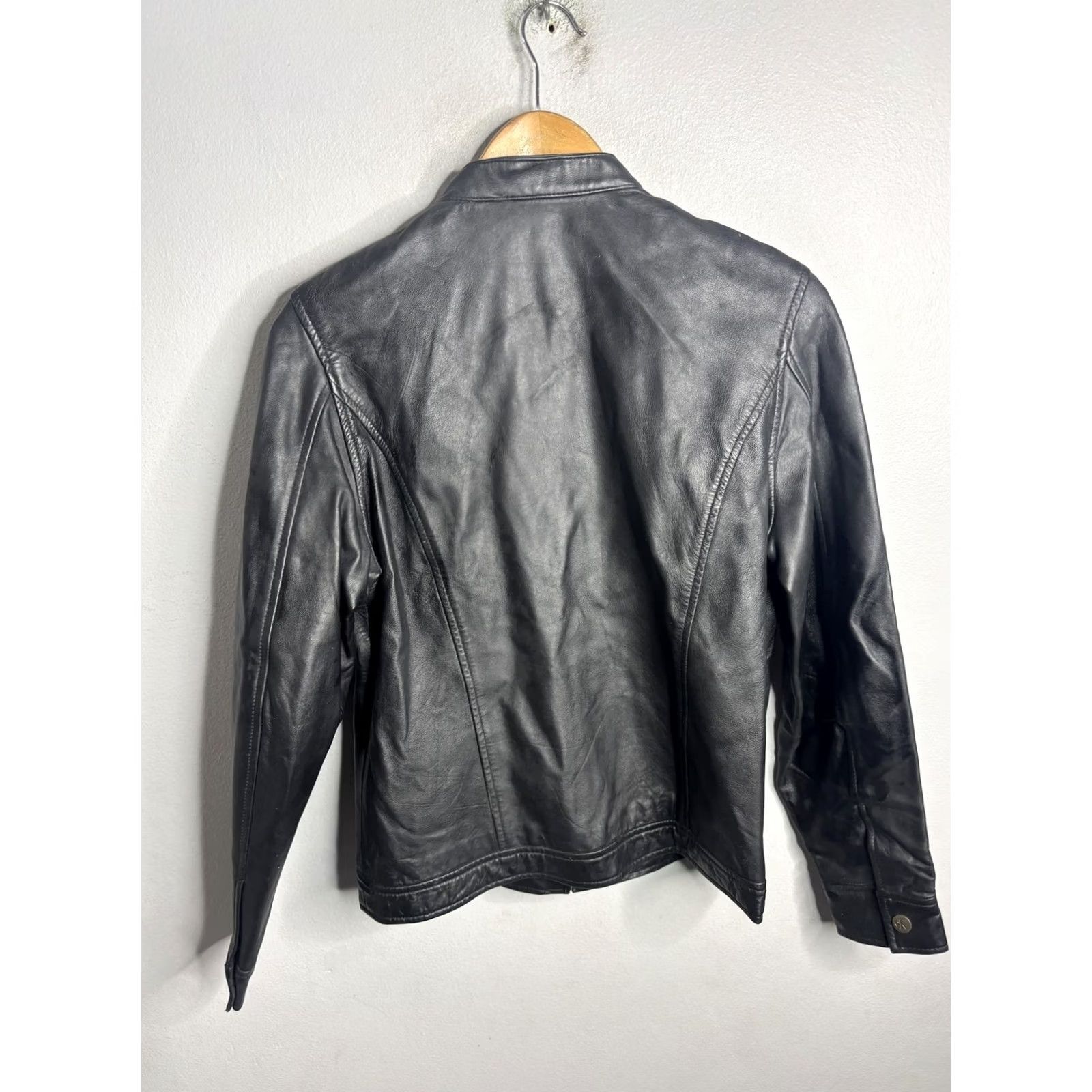 Vintage Calvin Klein Jeans Jacket Womens Medium Black Leather Moto Full Zip Biker Collar Size 32" / US 10 / IT 46 - 5 Thumbnail