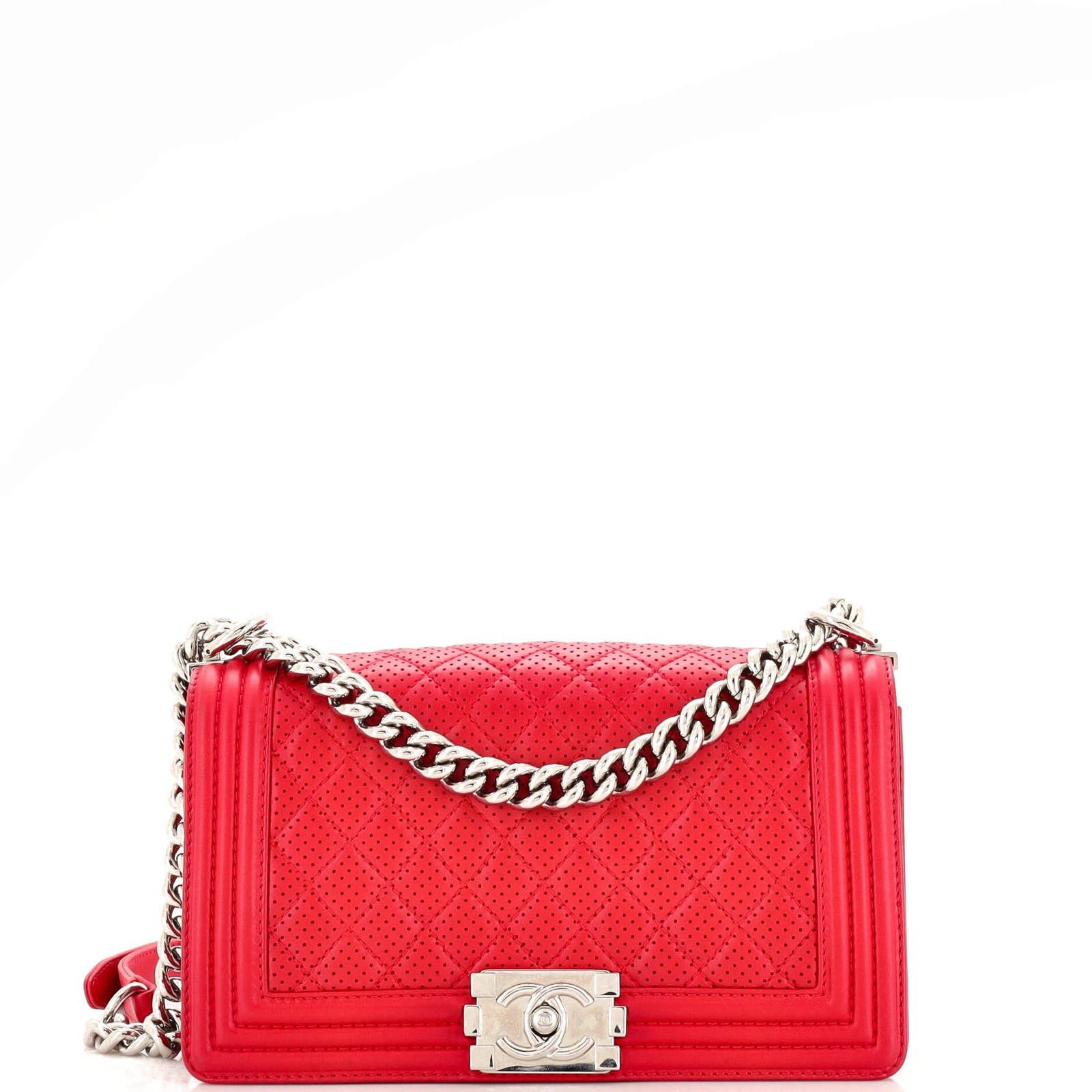 image of Chanel Boy Flap Bag Quilted Perforated Lambskin Old Medium in Red, Women's
